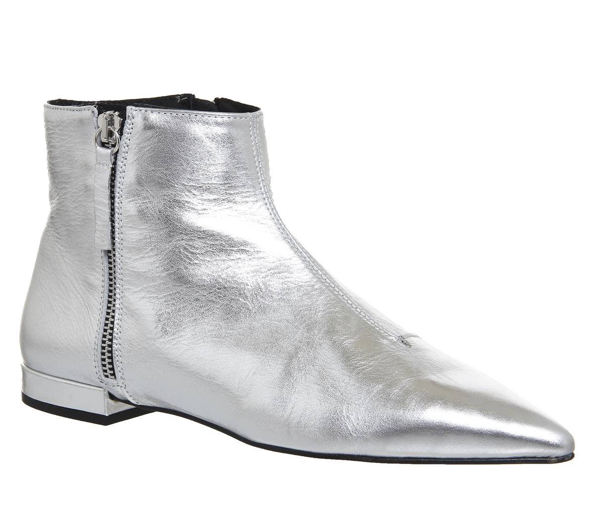 Office Leather Arrow Flat Pointed Ankle Boots in Silver (Metallic) - Lyst