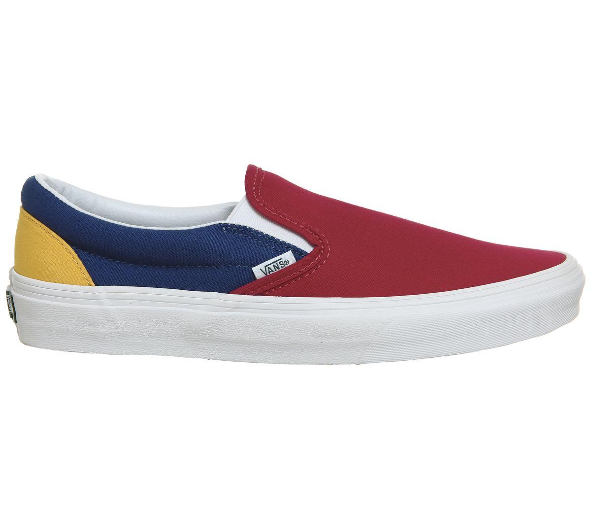 red blue and yellow vans slip ons