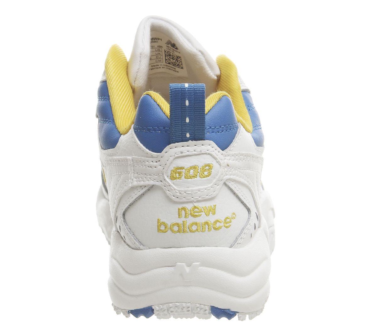 new balance 608 white with blue and yellow chunky trainers
