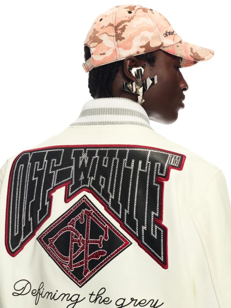 Off-White c/o Virgil Abloh Leather Crystal Varsity Jacket in White