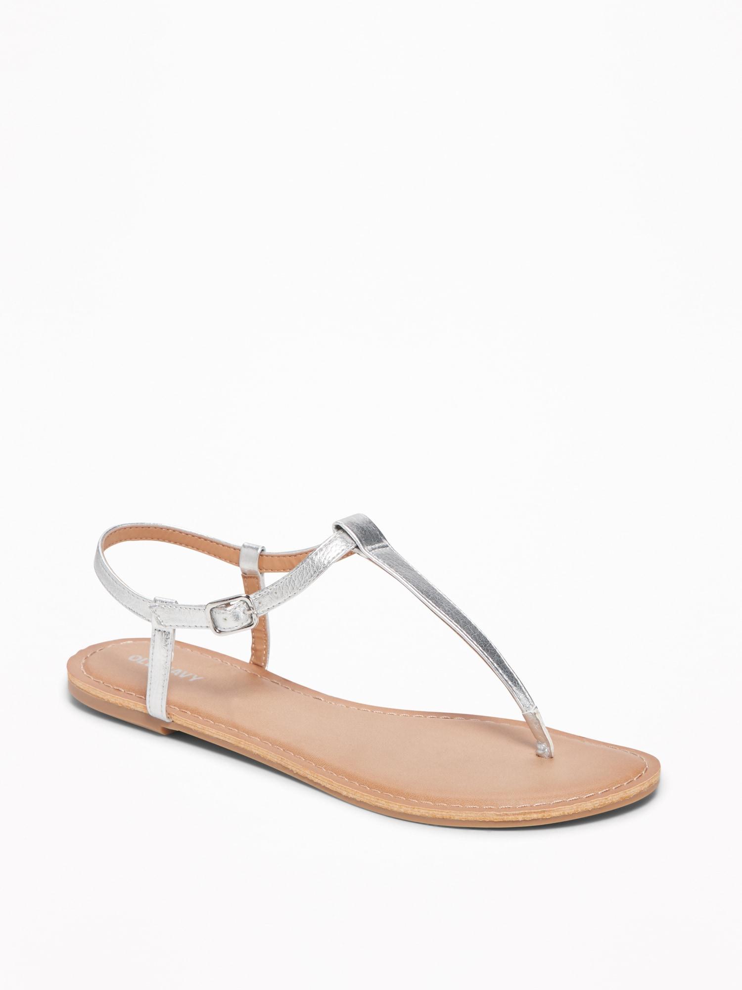 silver t strap sandals
