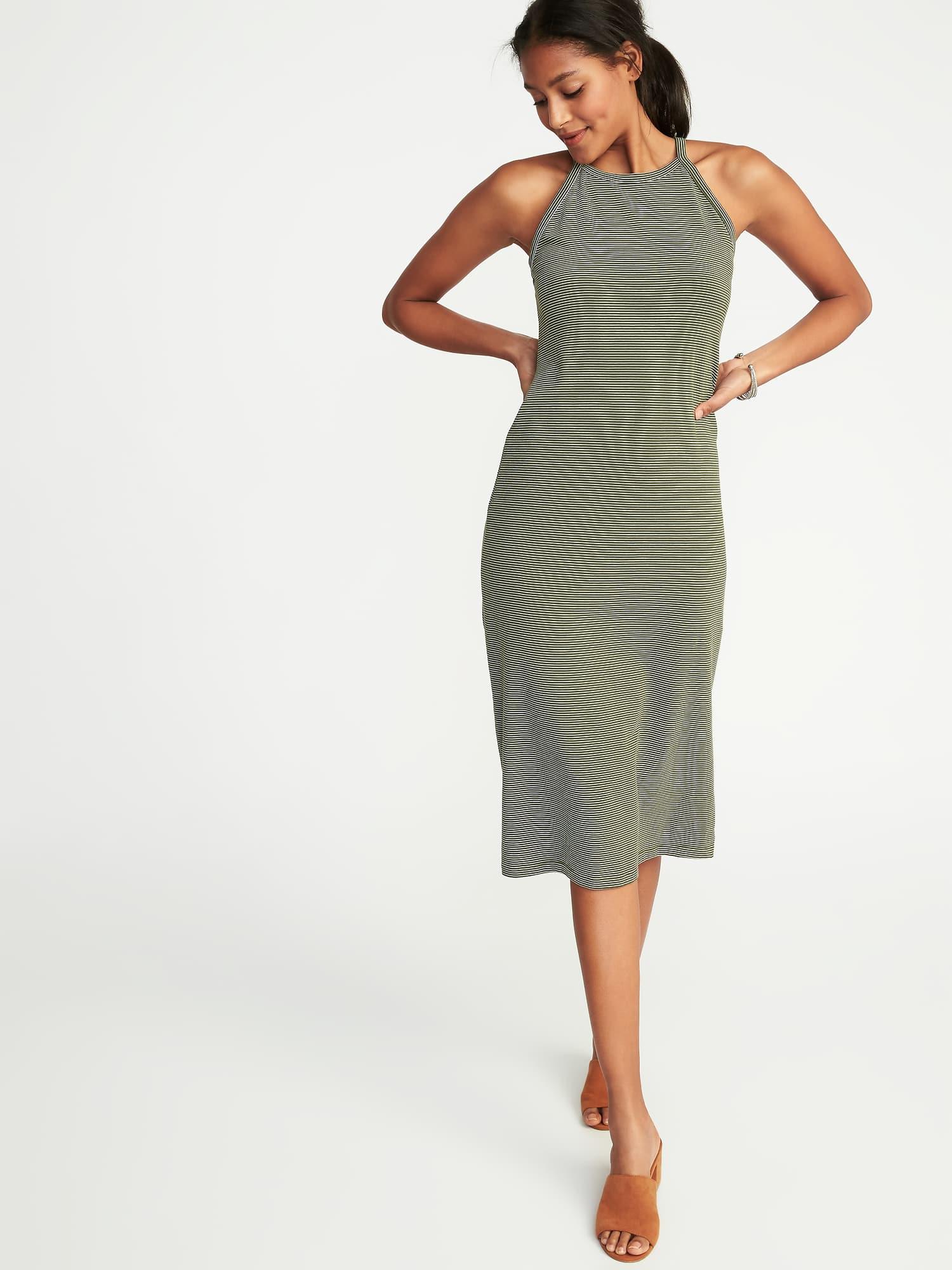 navy high neck midi dress