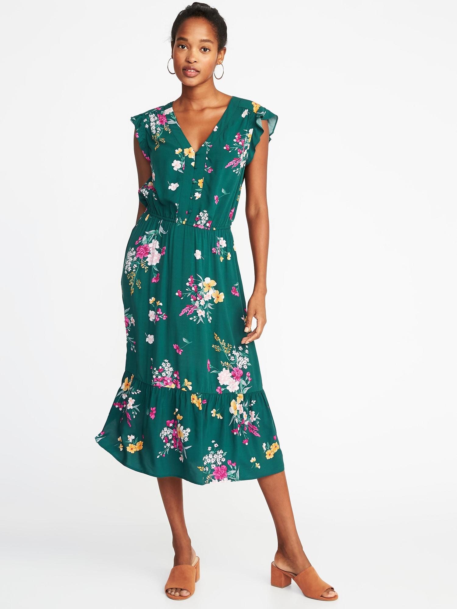 green flutter sleeve midi dress
