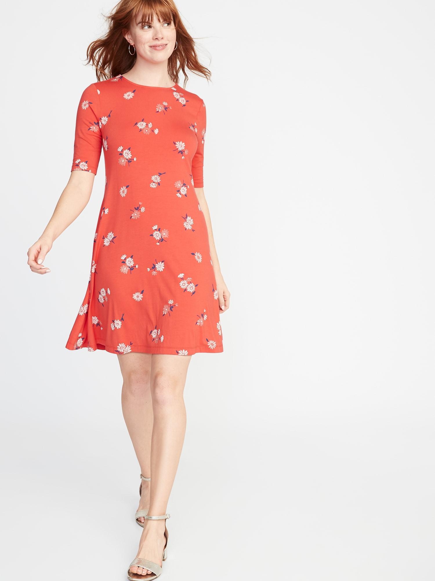 red floral swing dress