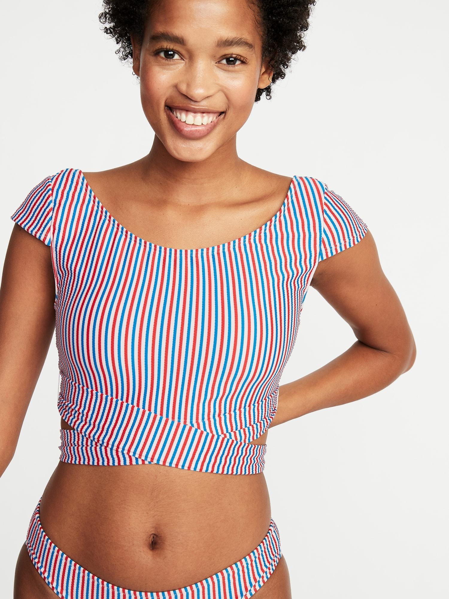wrap back cap sleeve swim top