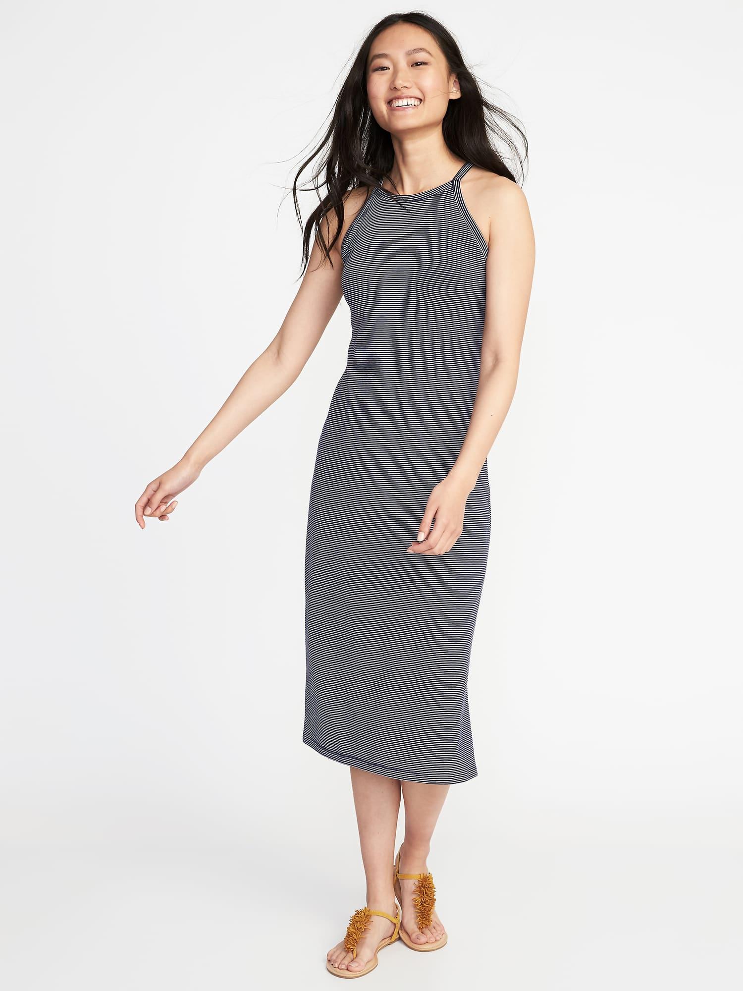 navy high neck midi dress