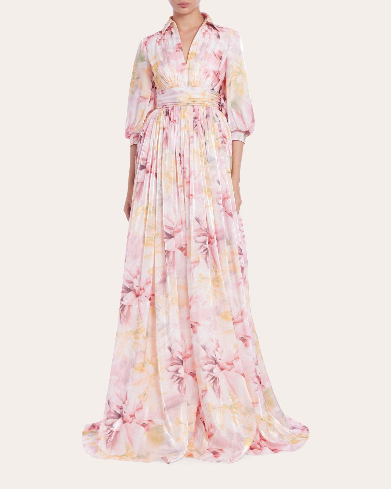 Badgley Mischka Pleated Floral Gown in Pink | Lyst