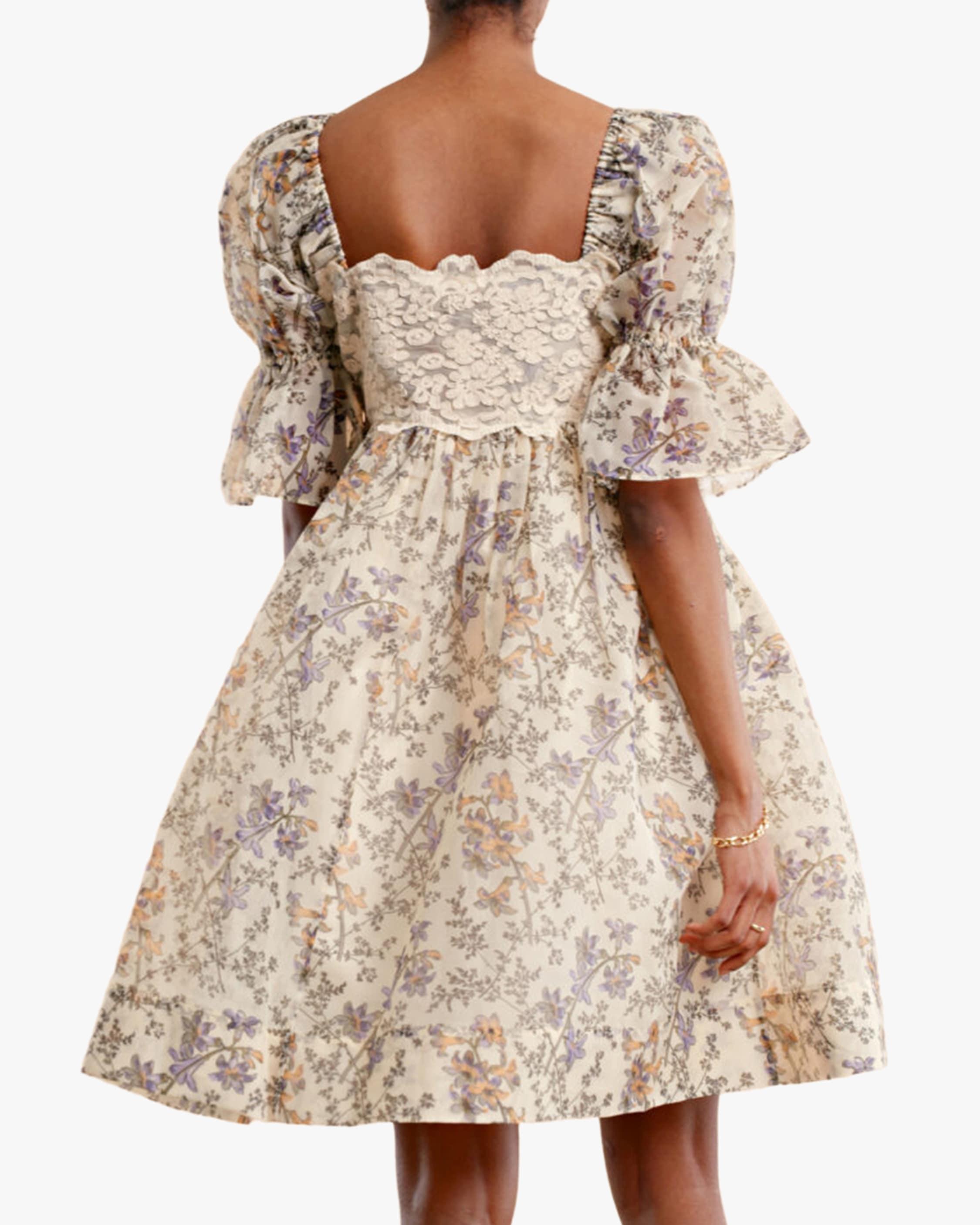 Puffed-sleeve Organza Lace Mini Dress 