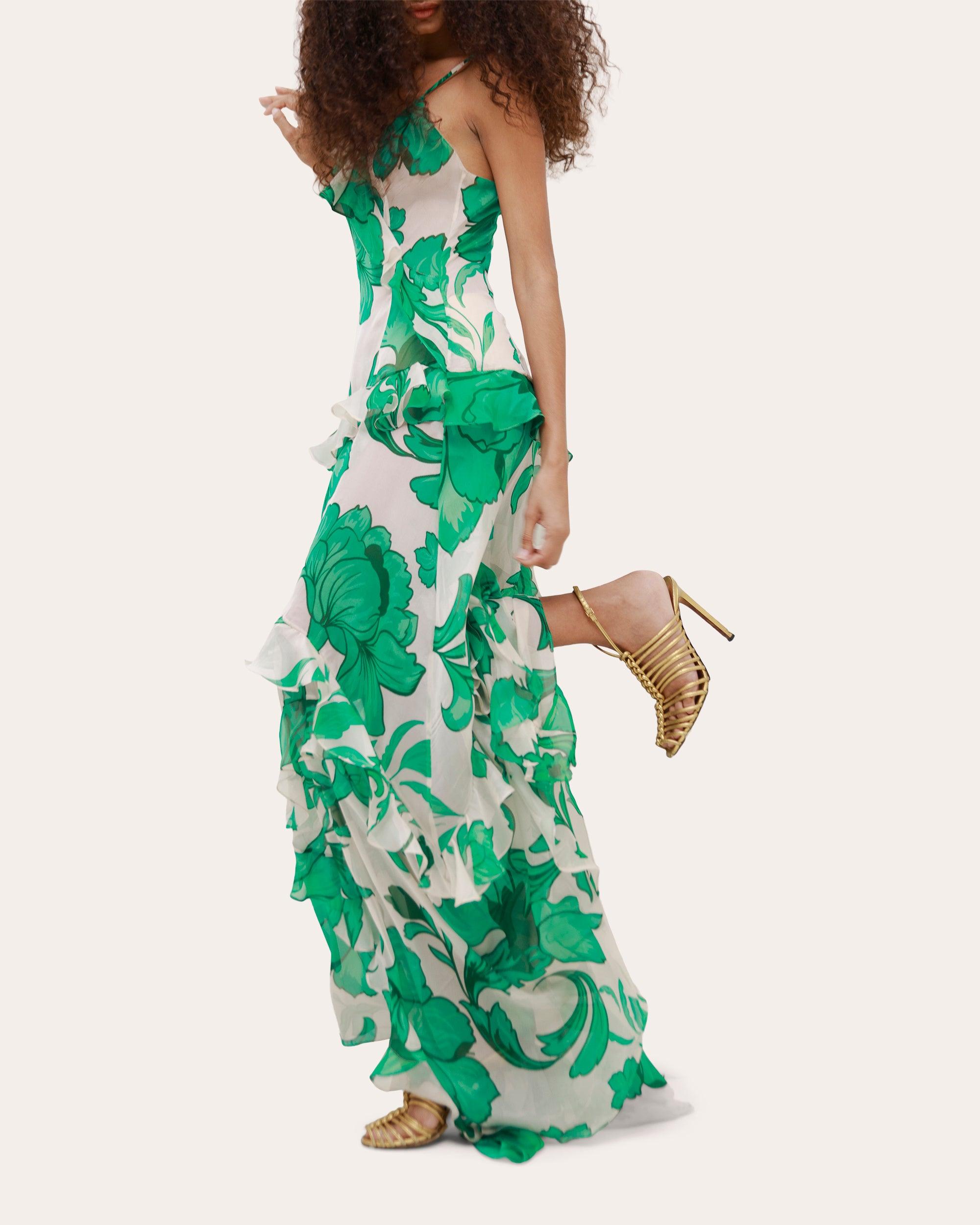 Francesca Miranda Elysium Beaded Floral Silk Chiffon Ruffle Maxi Dress in  Green | Lyst