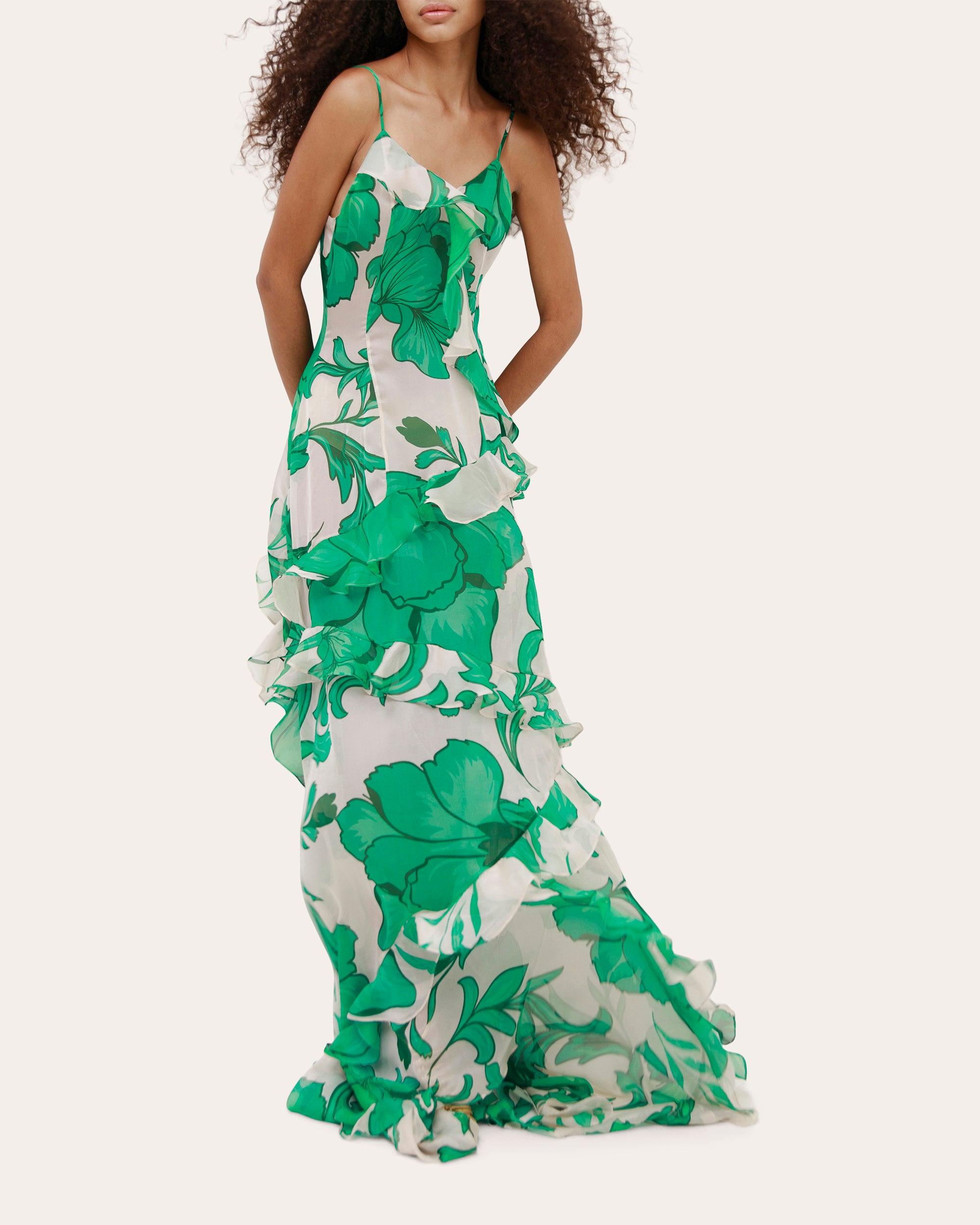 Francesca Miranda Elysium Beaded Floral Silk Chiffon Ruffle Maxi Dress in  Green | Lyst