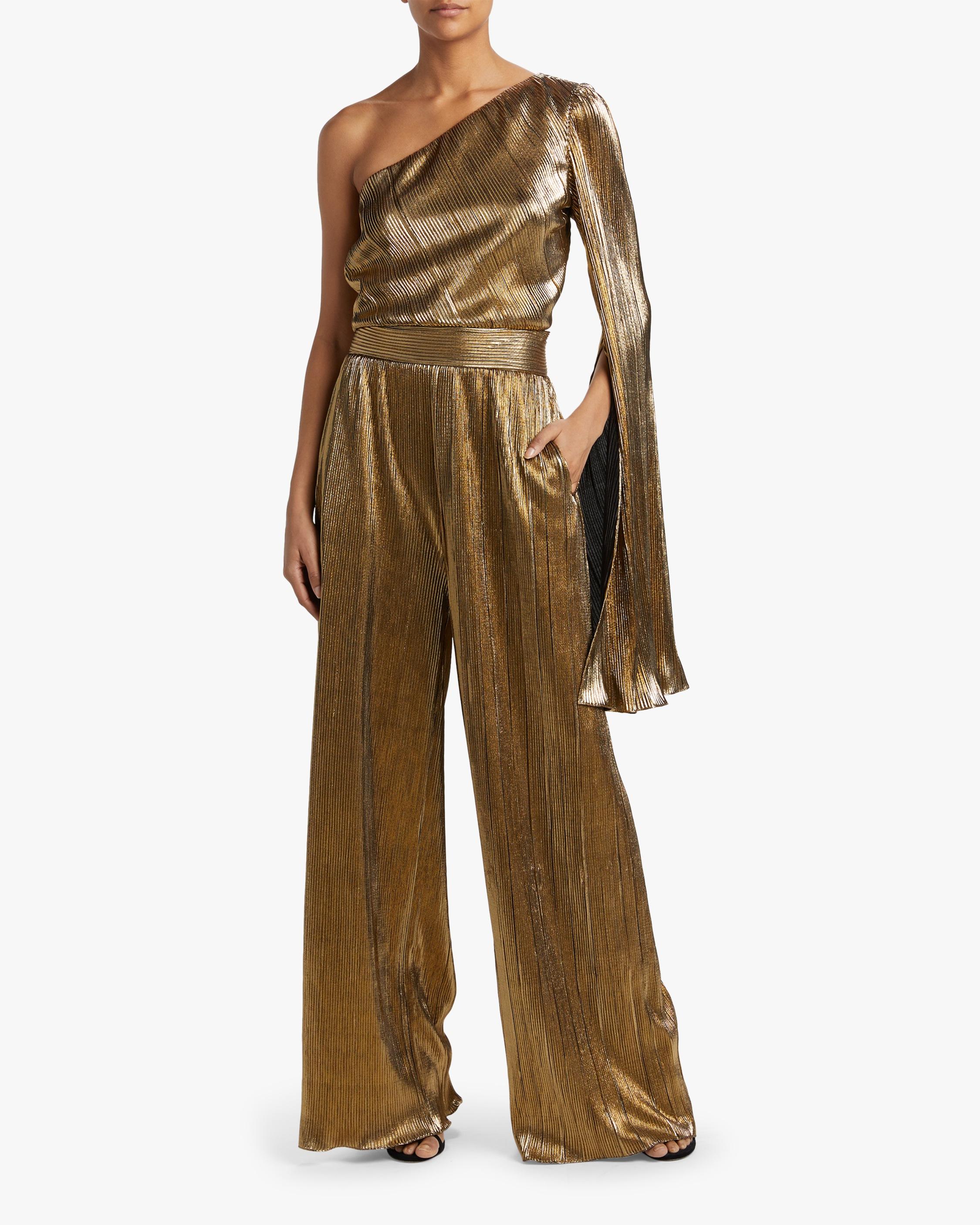 gold metallic sheer plisse wide leg jumpsuit