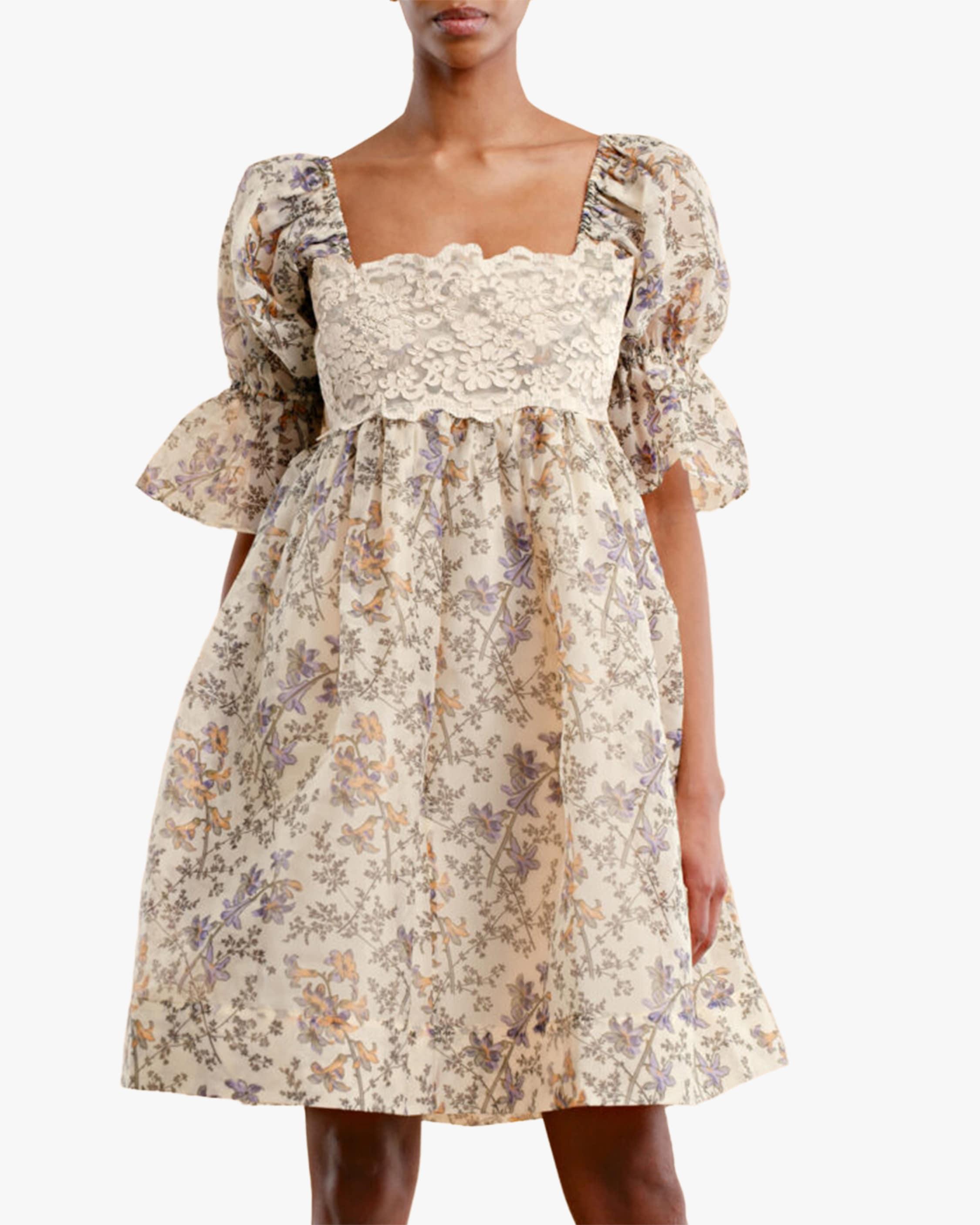 Puffed-sleeve Organza Lace Mini Dress 