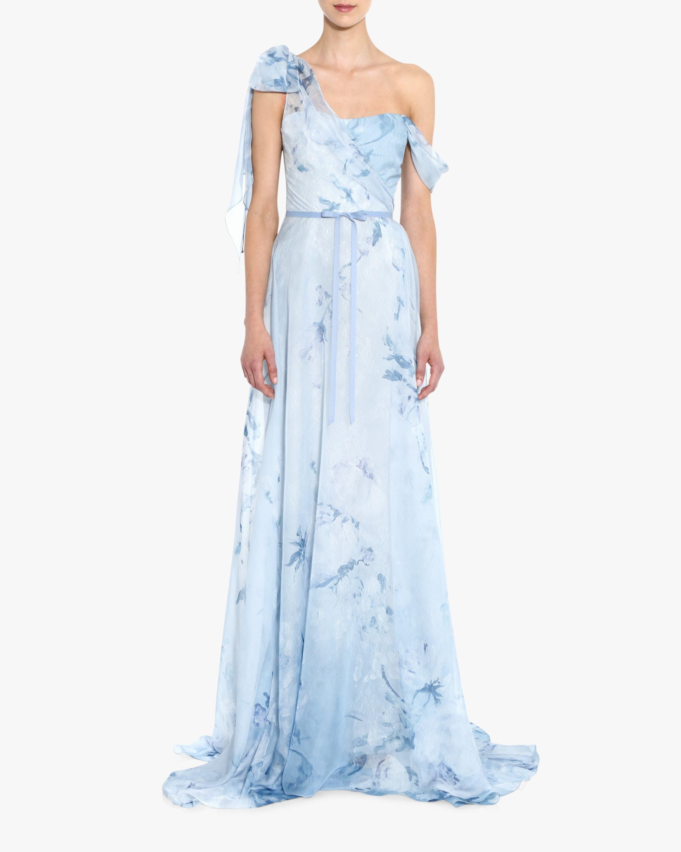 Marchesa Notte Women S Asymmetric Drape Chiffon Lace Gown In Light Blue Blue Lyst