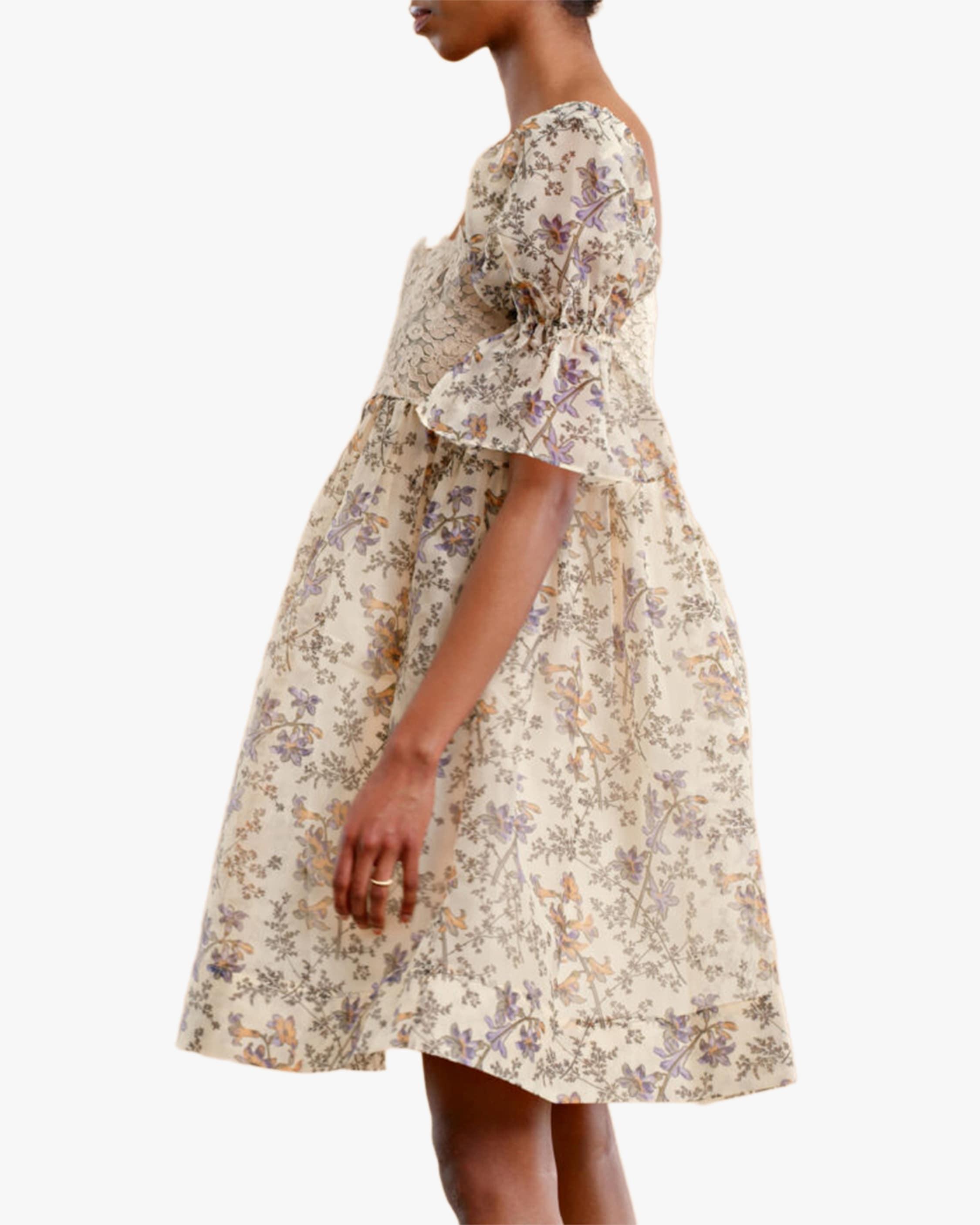 Puffed-sleeve Organza Lace Mini Dress 