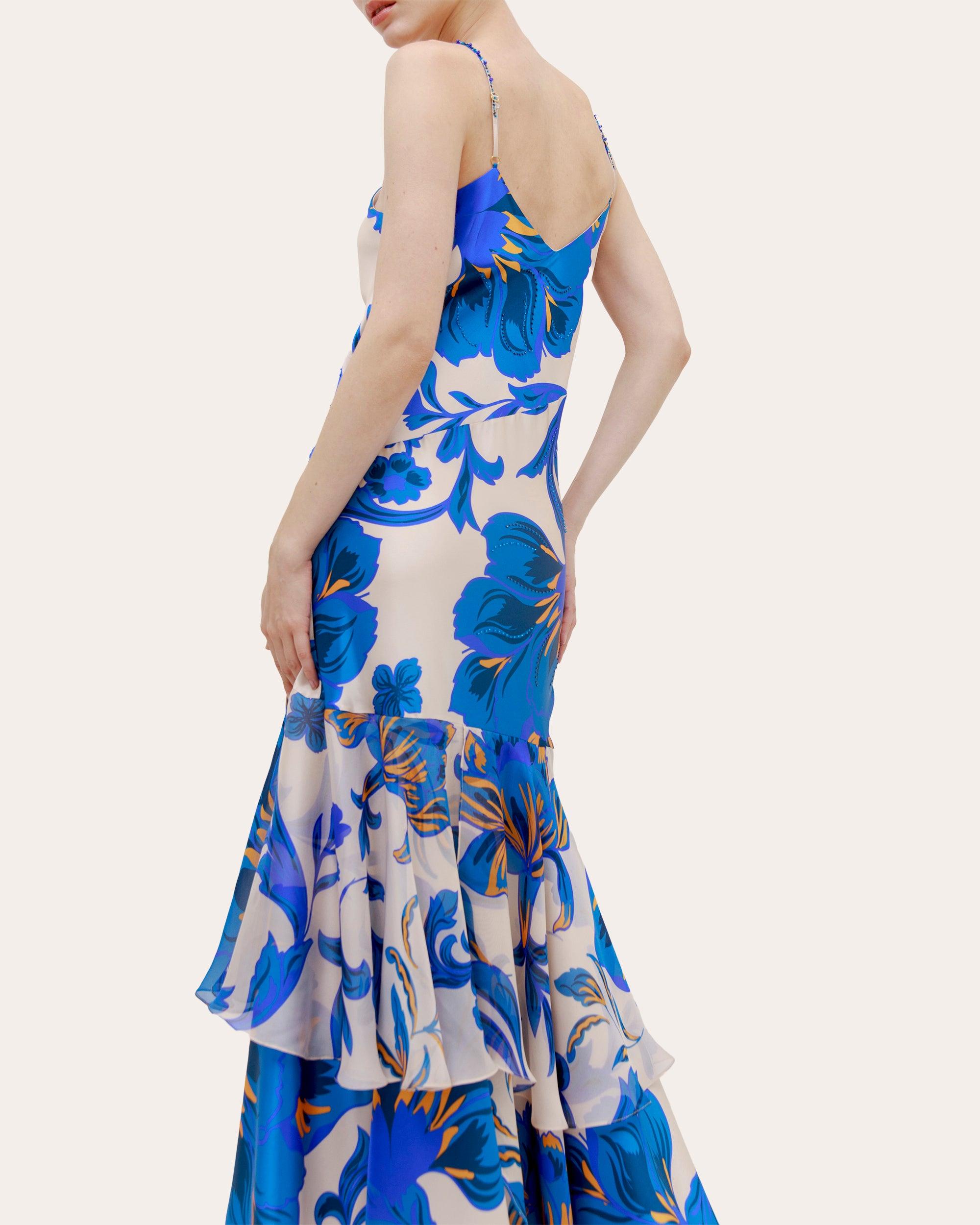 Francesca Miranda Atlas Beaded Floral Silk Tiered Drop-Waist Maxi Dress in Blue | Lyst Francesca Miranda Atlas Beaded Floral Silk Tiered Drop-Waist Maxi Dress in Blue | Lyst