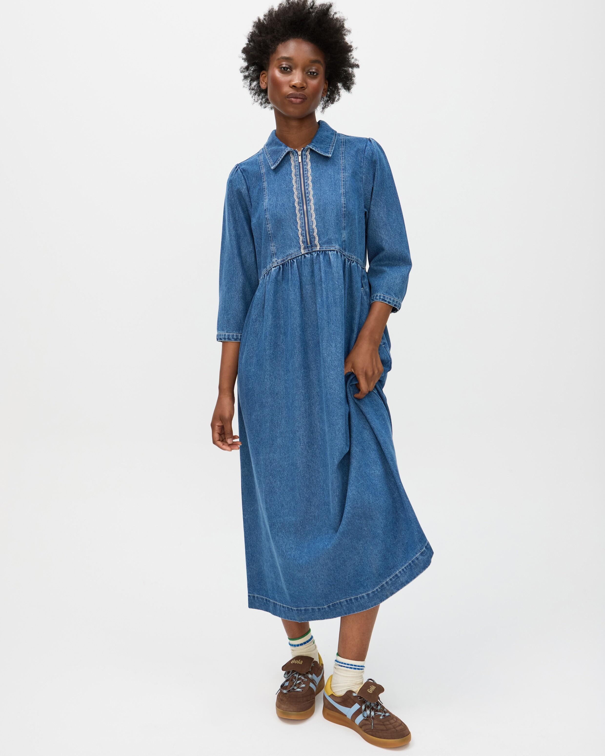 Oliver Bonas Denim Zip Front Collared Midi Dress, Size 6 in Blue