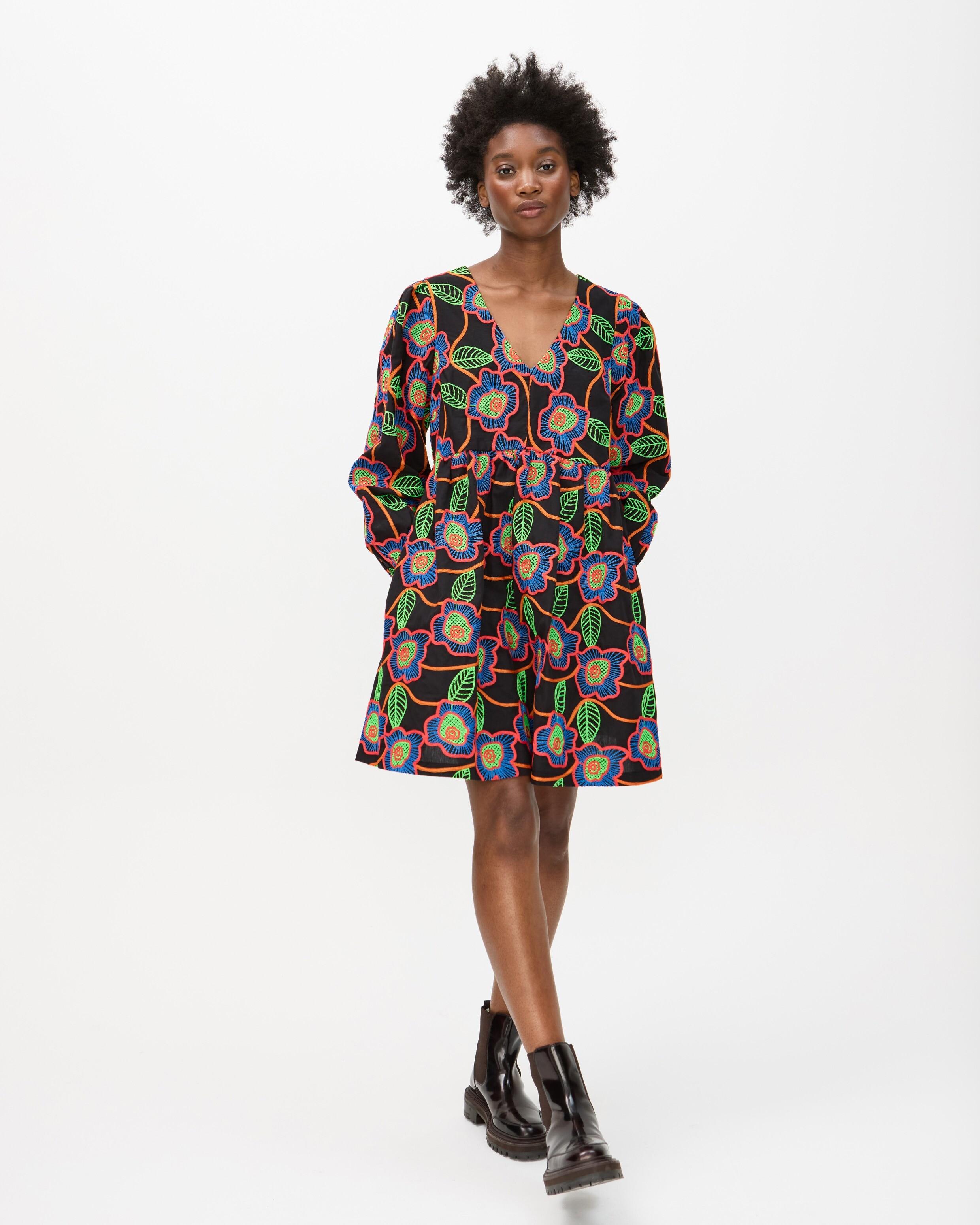 Oliver Bonas Bright Floral Embroidered V-neck Mini Dress, Size 6 in Black