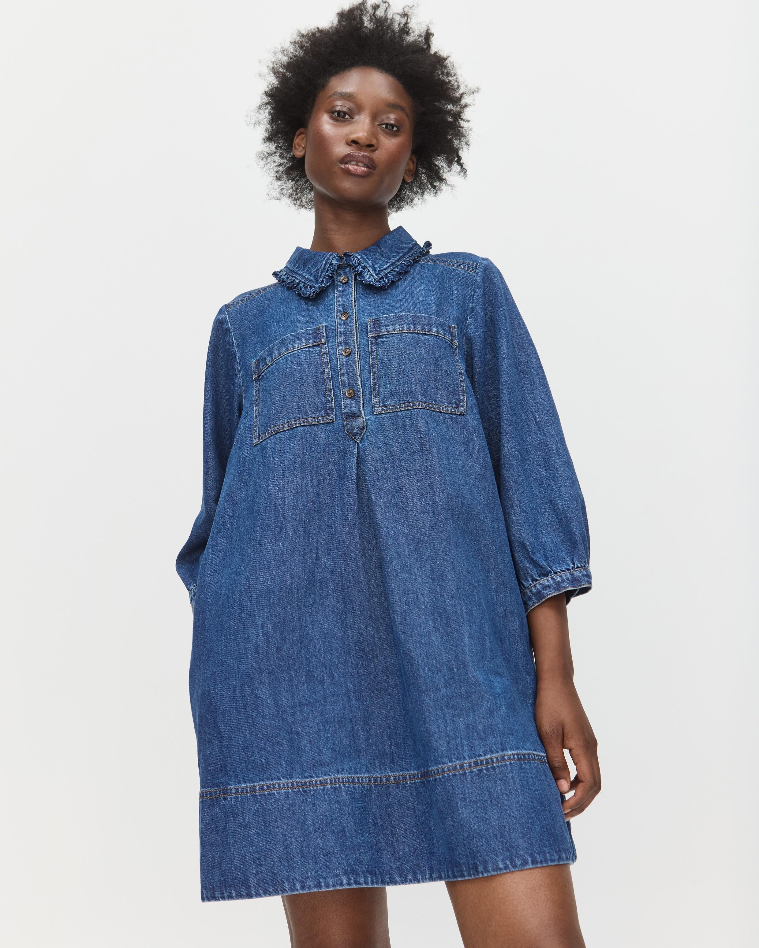 Oliver Bonas Dark Denim Frill Collar Cotton Mini Dress, Size 18 in