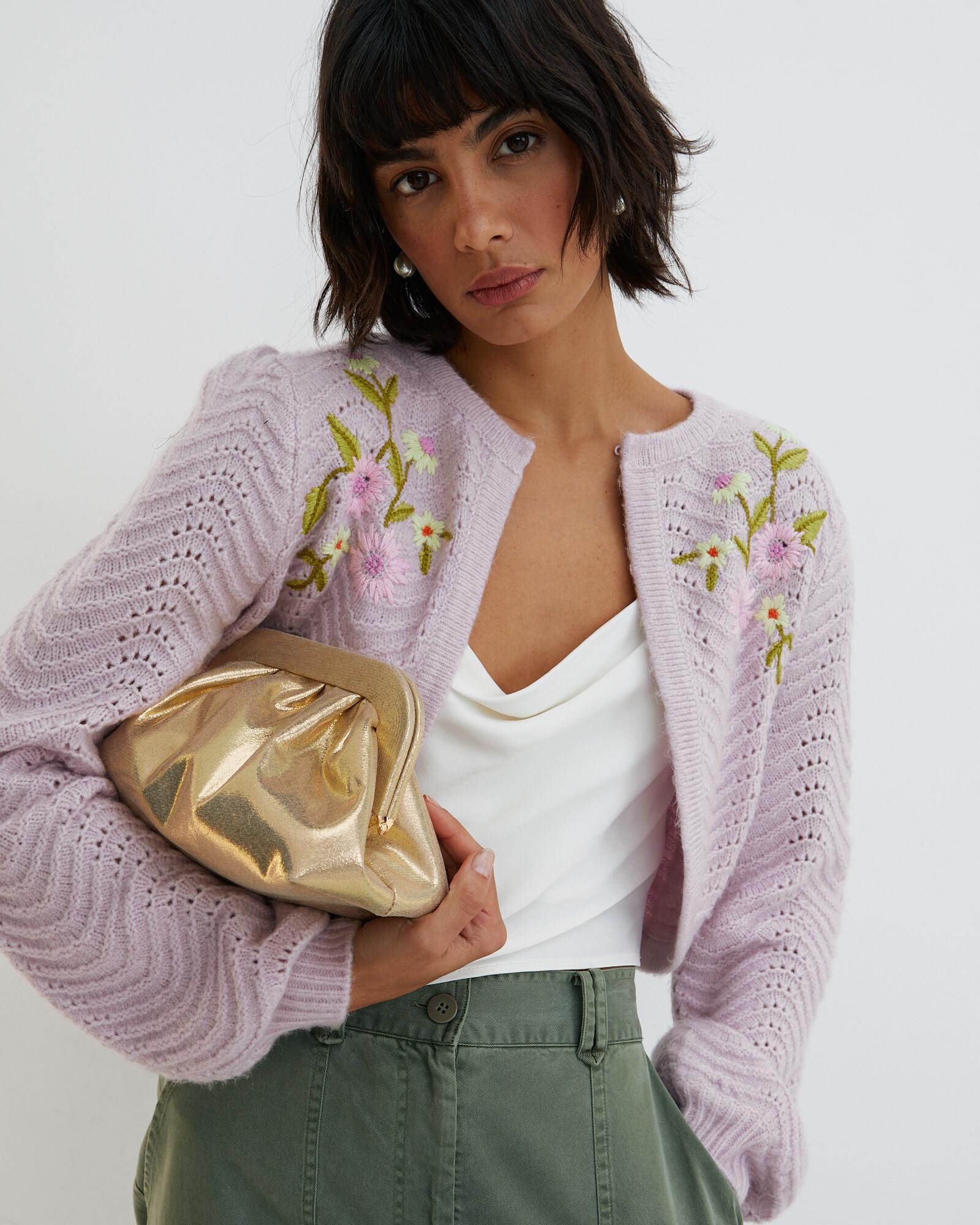 Oliver Bonas Floral Embroidered Lilac Cropped Cardigan, Size 16