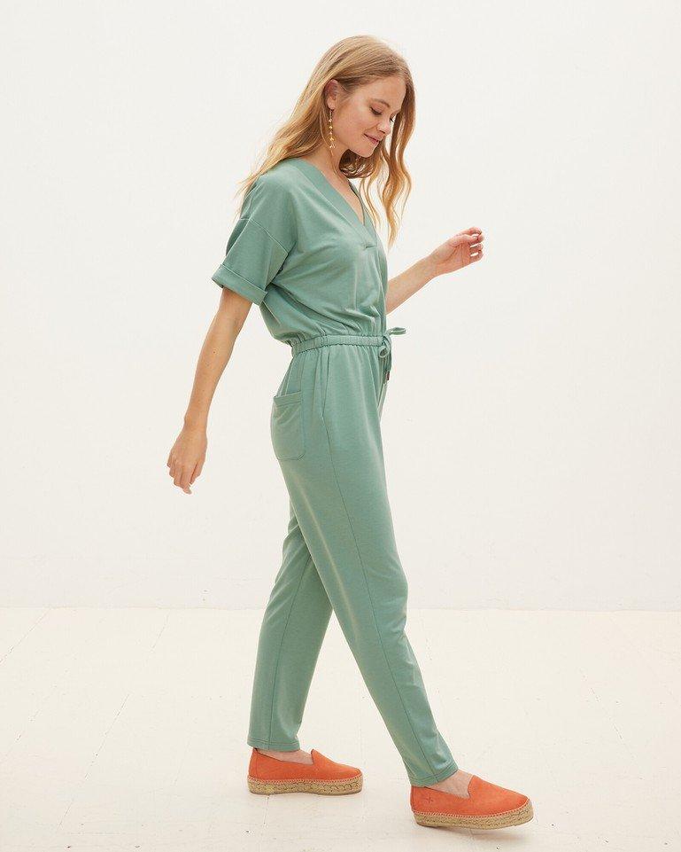 V-neck Teal Jersey Jumpsuit 