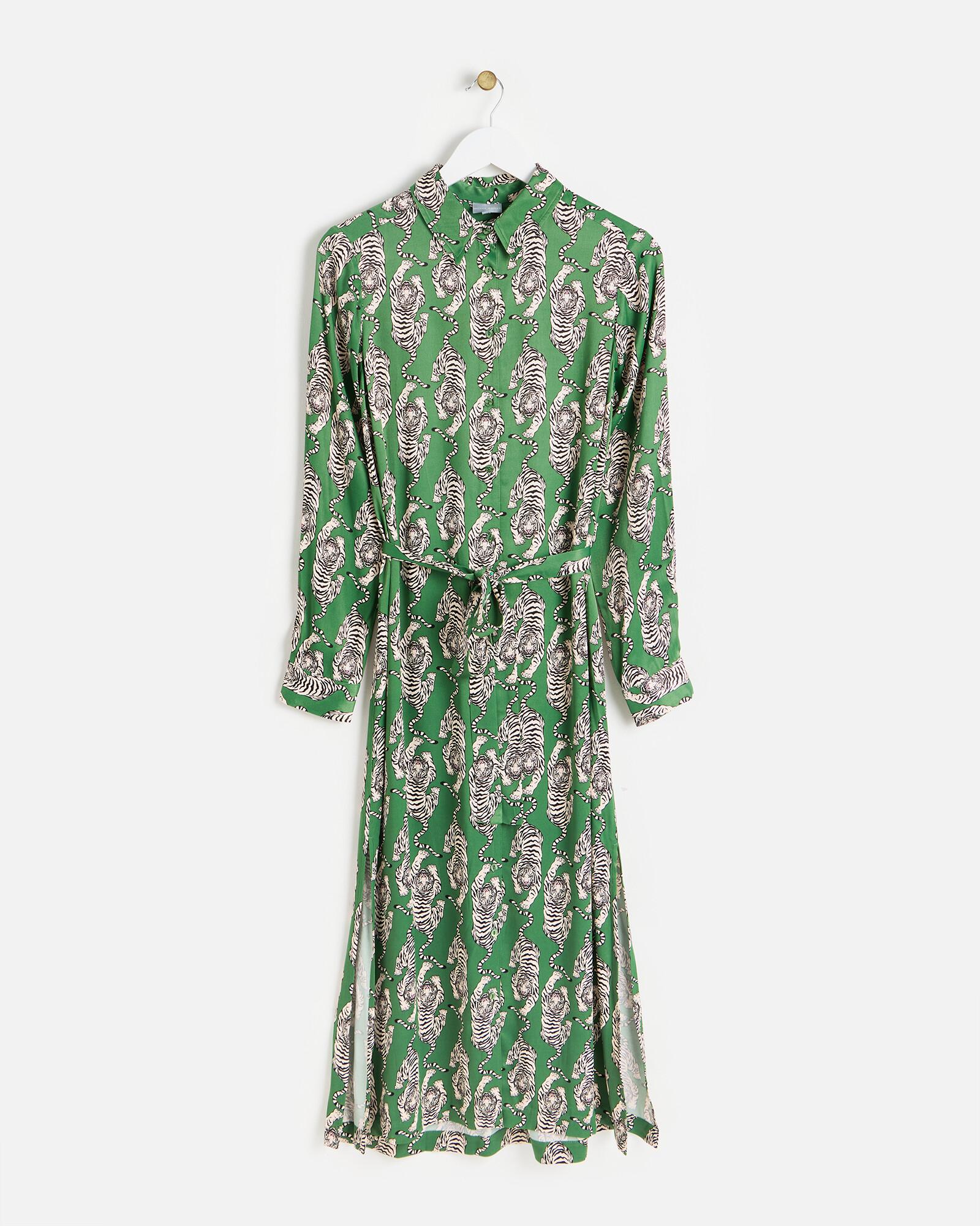 Oliver Bonas Tiger Print Satin Midi Shirt Dress, Size 6 in Green | Lyst UK