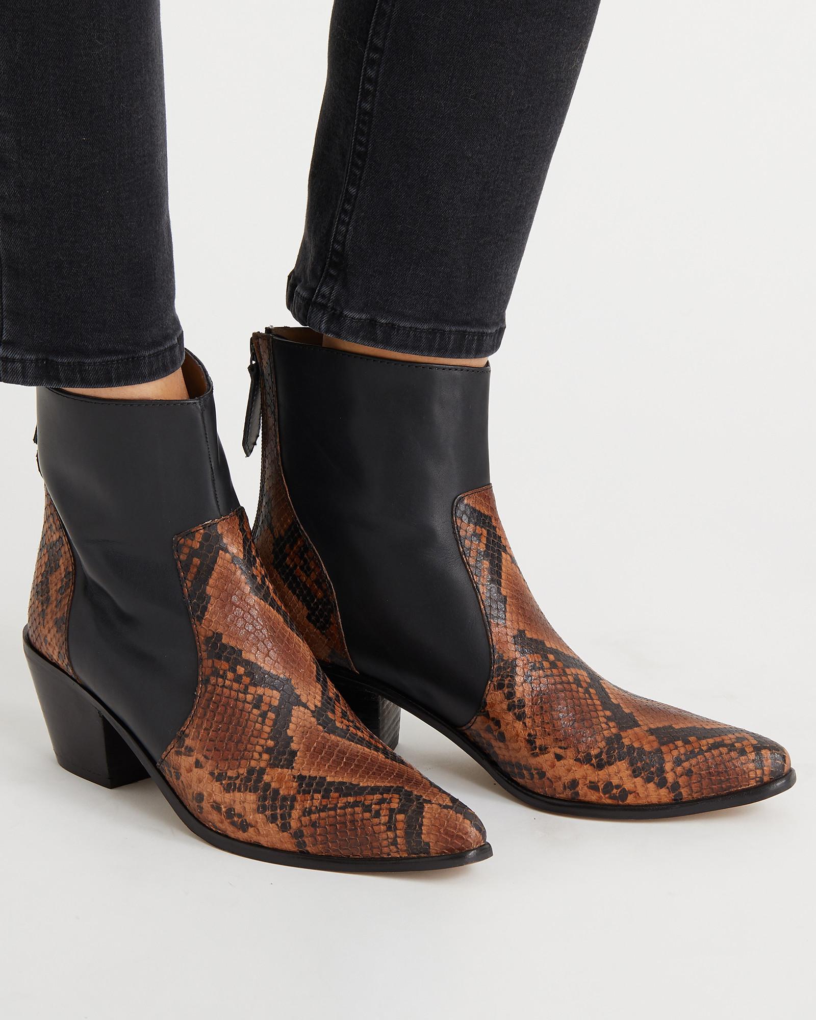 Oliver Bonas Women Snake Print Panel Brown Leather Boots