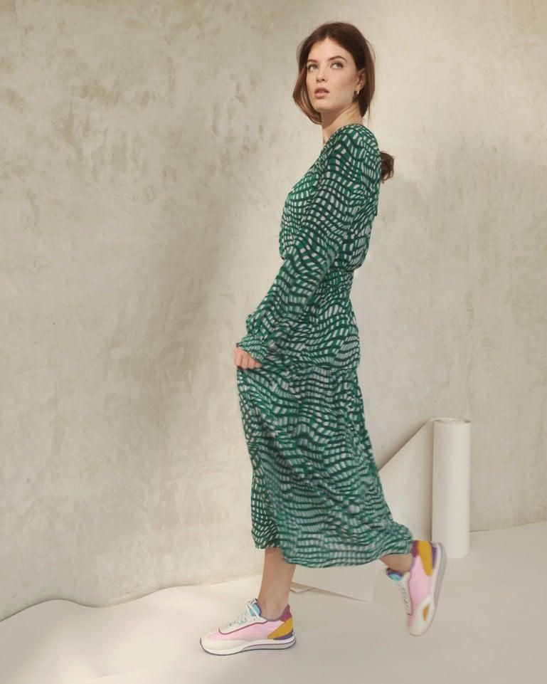 Oliver Bonas Wavy Check Print & Pink Midi Dress in Green | Lyst