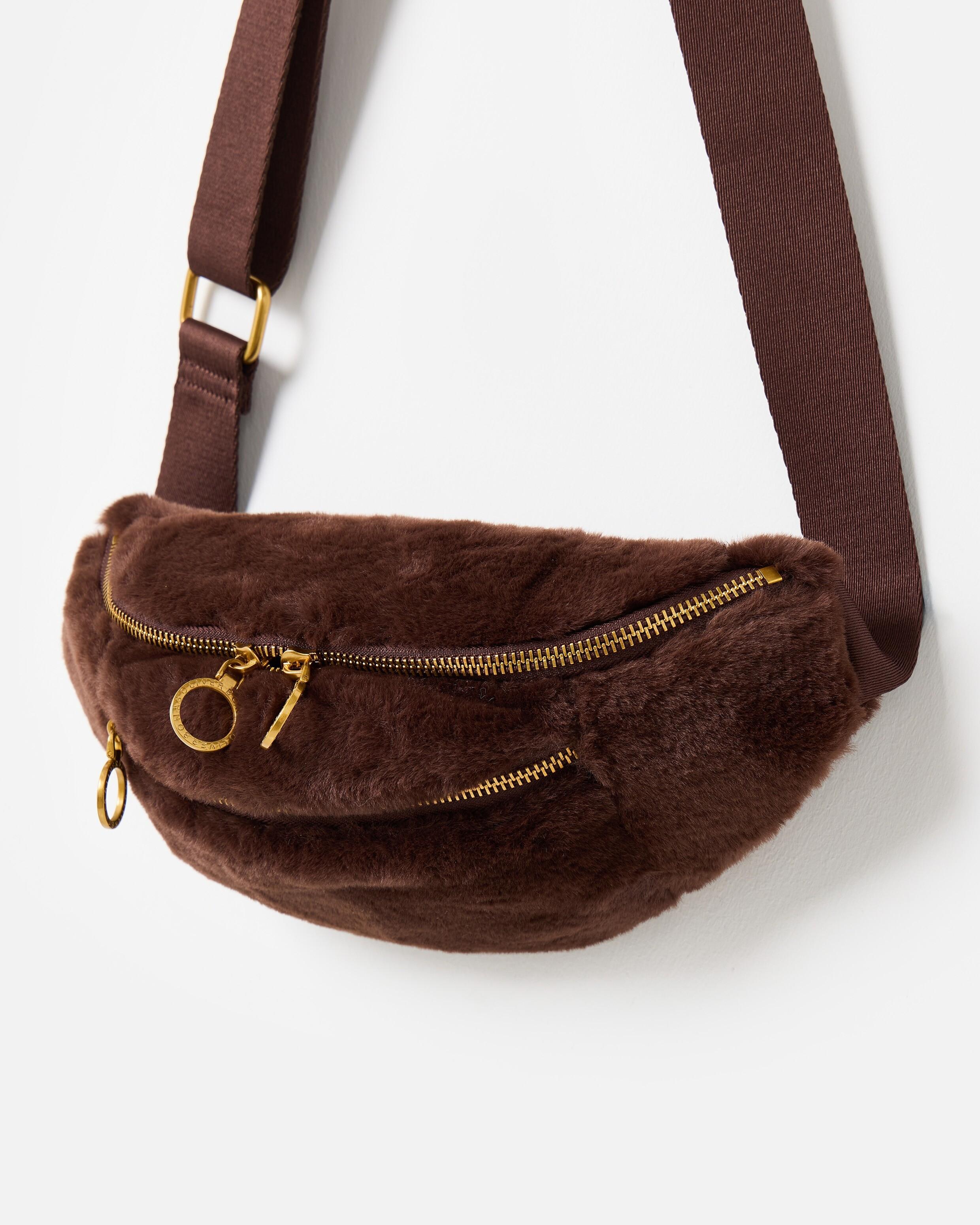 Oliver Bonas Lexi Chocolate Faux Fur Double Zip Belt Bag in Brown