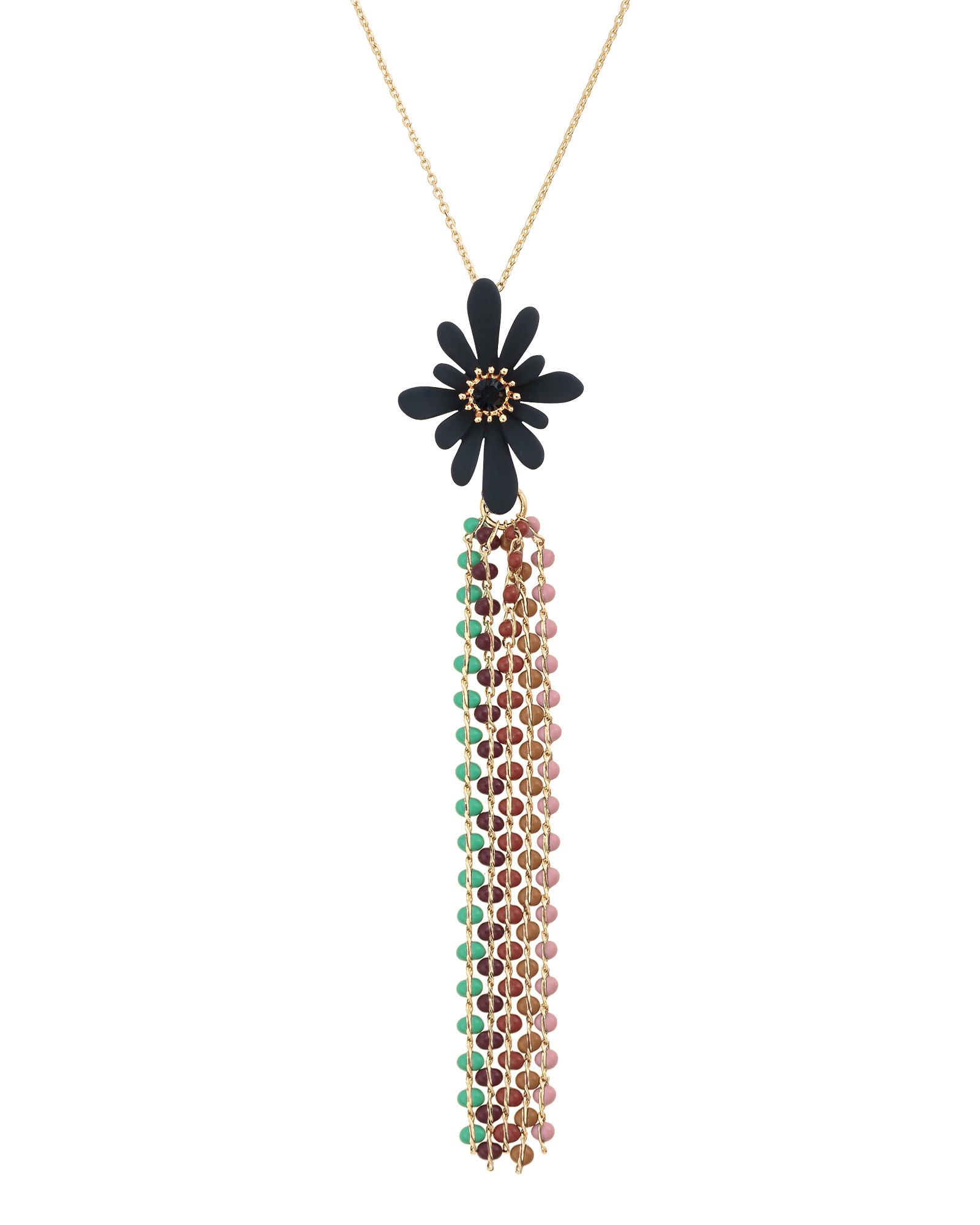 Oliver Bonas Urielle Blue Flower & Beaded Tassel Pendant Necklace in ...