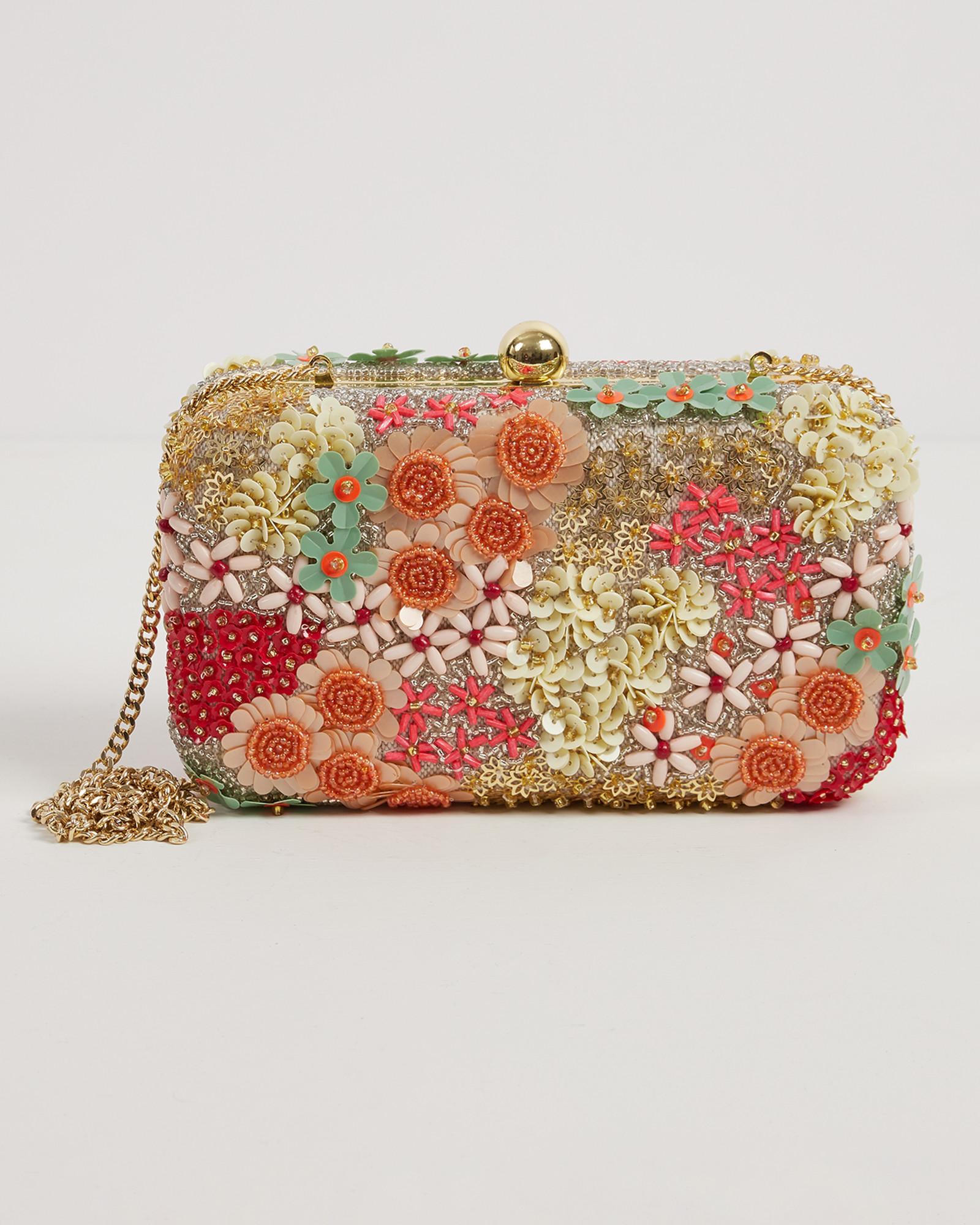 Oliver Bonas Mixed Floral Beaded Rectangular Clutch Bag in Pink