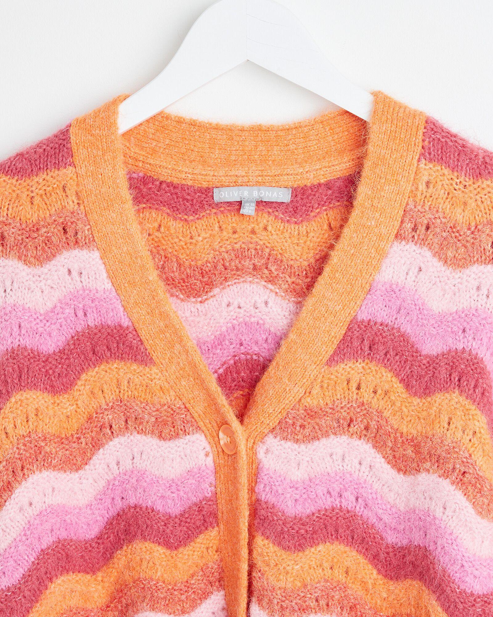 Oliver Bonas Wavy Stripe Stitch Knitted Cardigan, Size 16 in Red