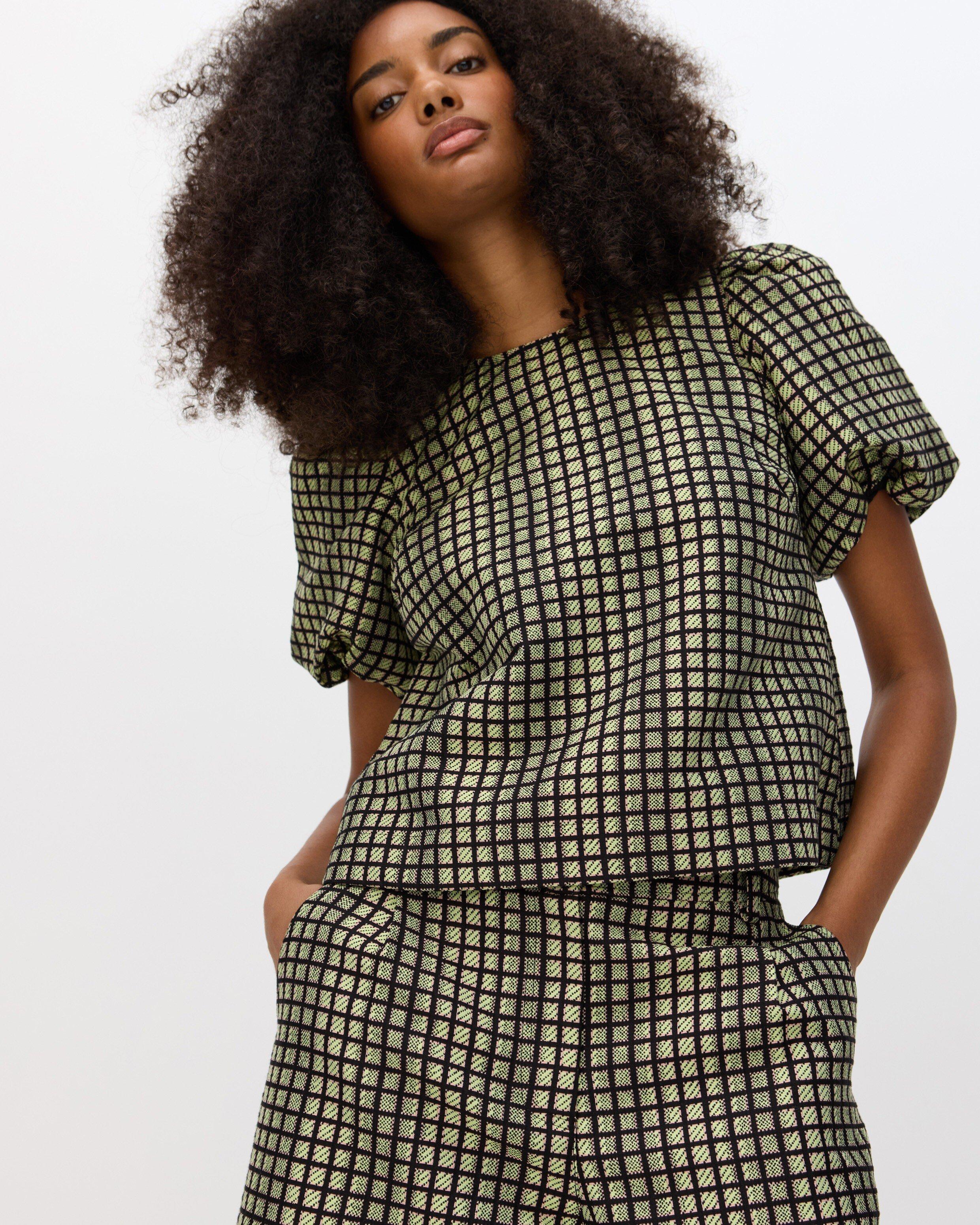 Oliver Bonas Black & Checked Jacquard Puff Sleeve Top, Size 6 in