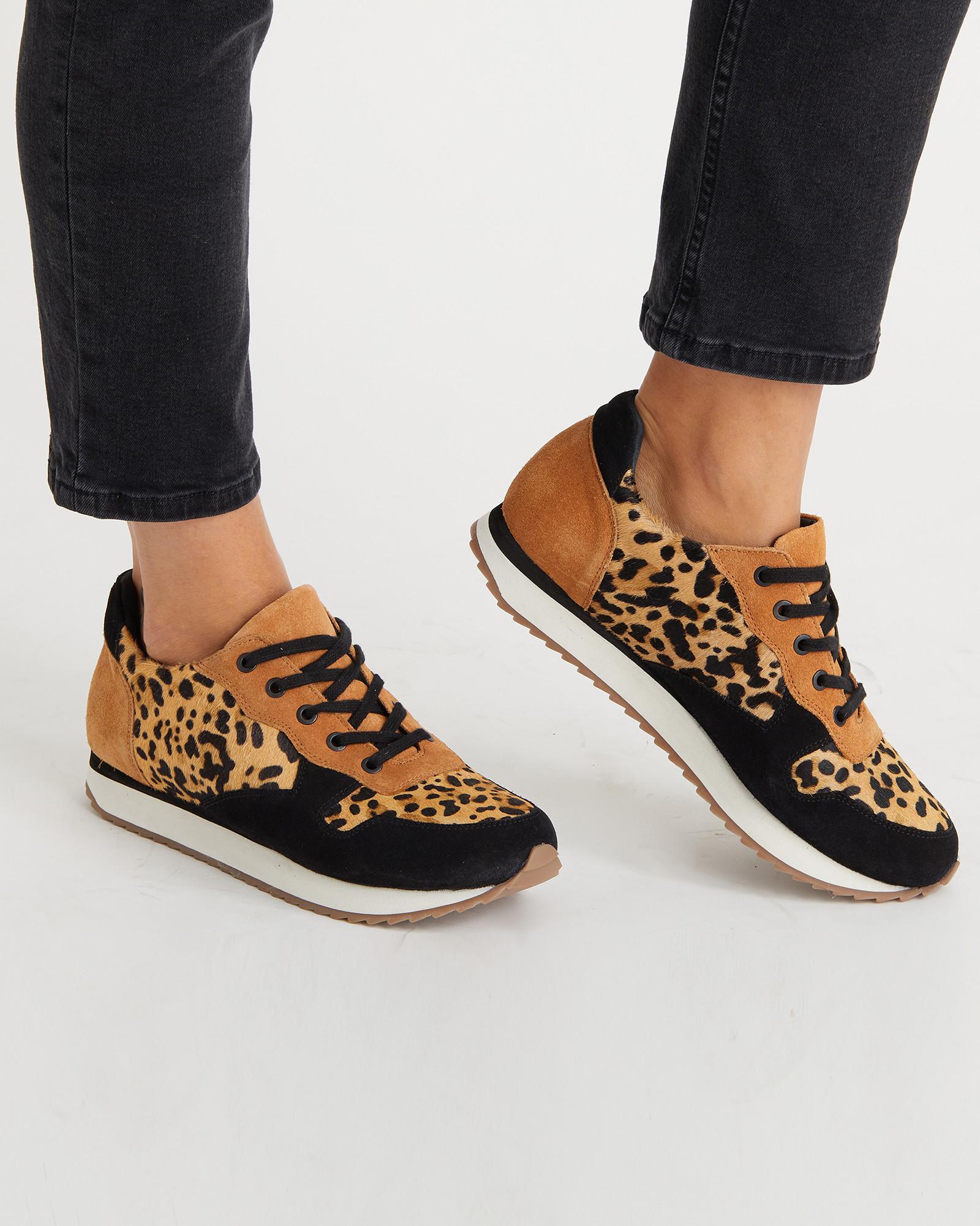 Oliver Bonas Animal Print Brown Leather Lace Up Trainers in Black - Lyst