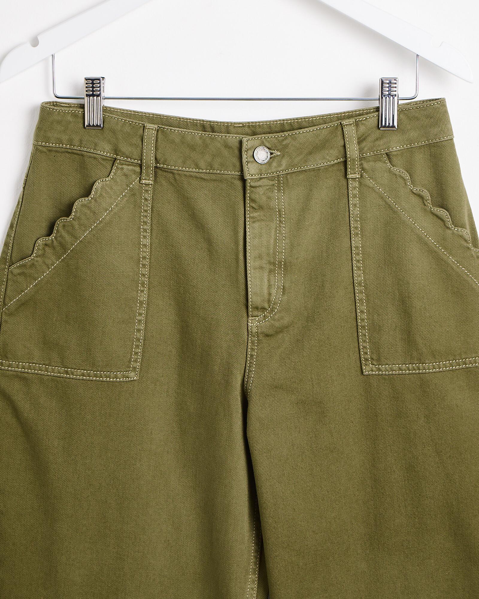 Oliver Bonas Khaki Scalloped Pocket Wide Leg Cropped Jeans, Size 