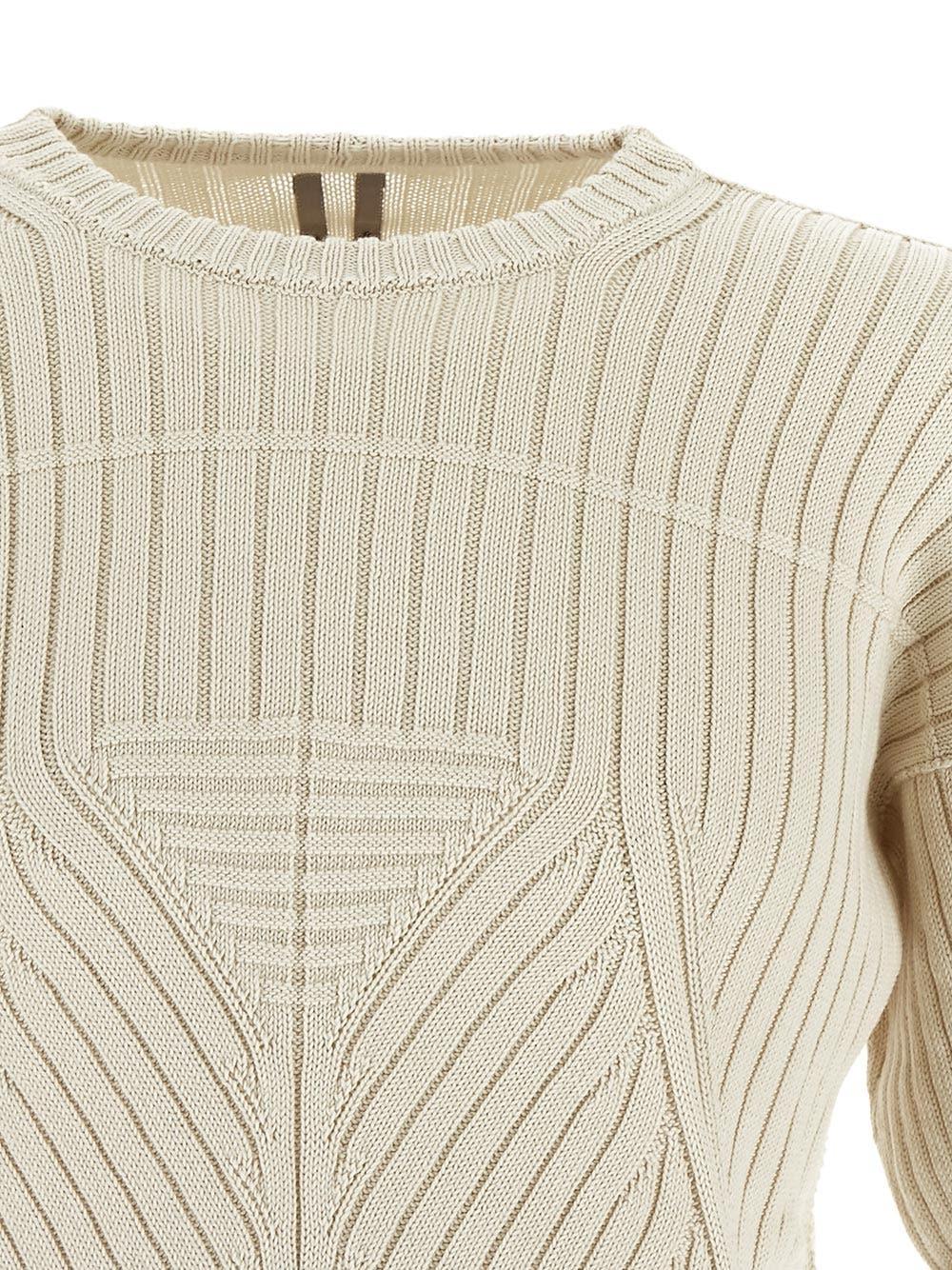 Rick Owens Megarib Cotton Knit Round Neck Sweater in White