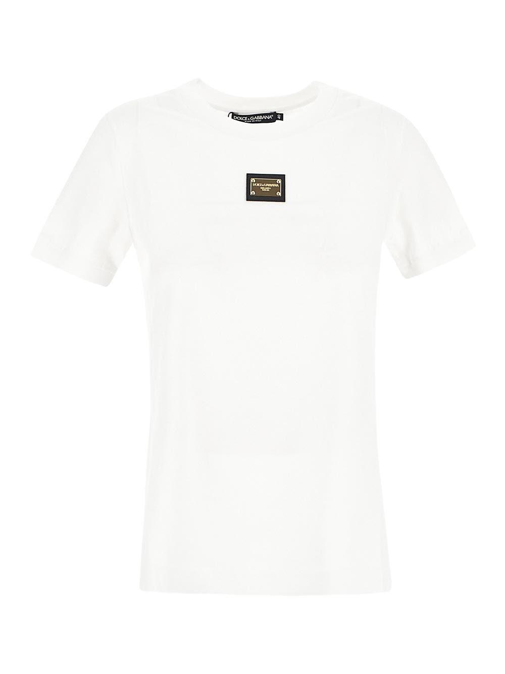 Dolce Gabbana T Shirt With Logoed Metal Plaque in White Lyst