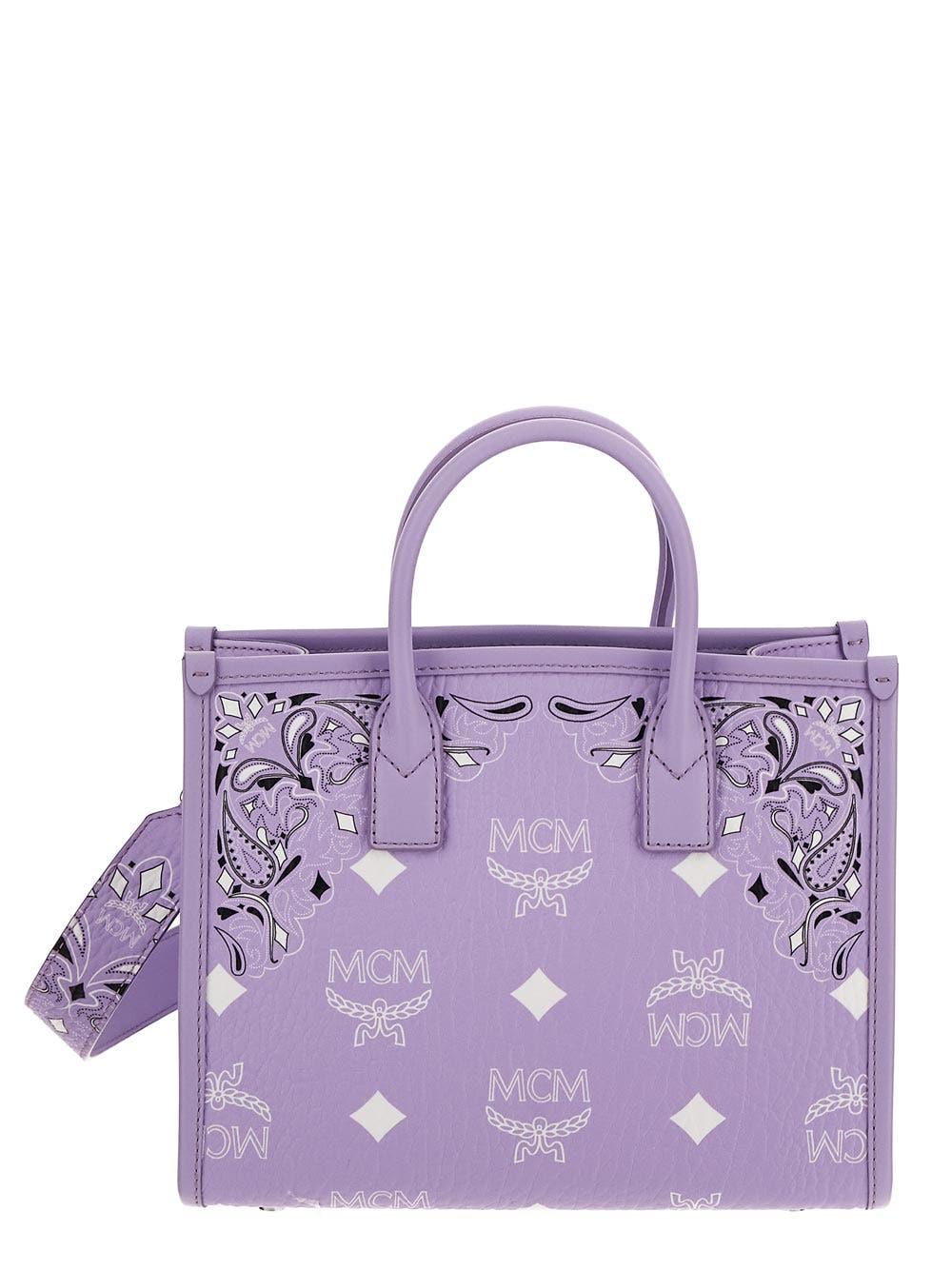MCM Small Munchen Maxi Visetos Tote Bag in Purple