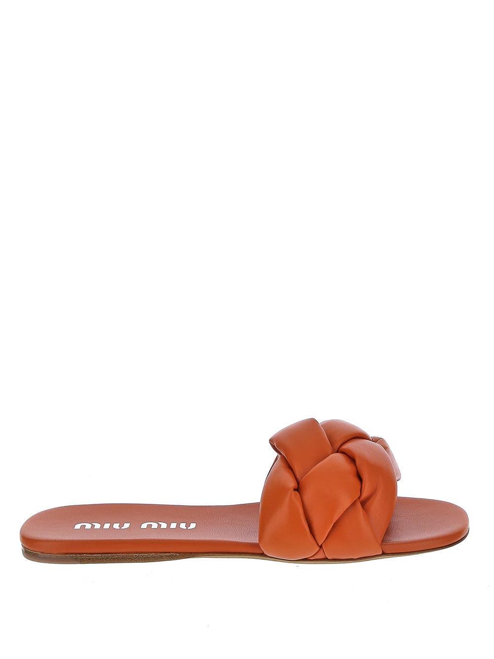Miu Miu Leather Braided Strap Flat Sandals in Orange | Lyst