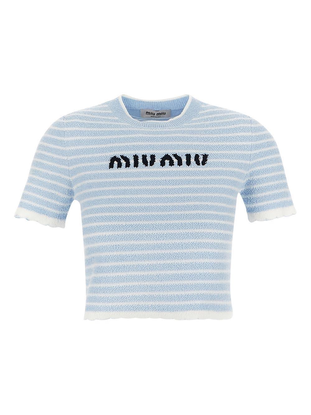 Miu Miu Cotton Boucle Cropped Top in Blue | Lyst