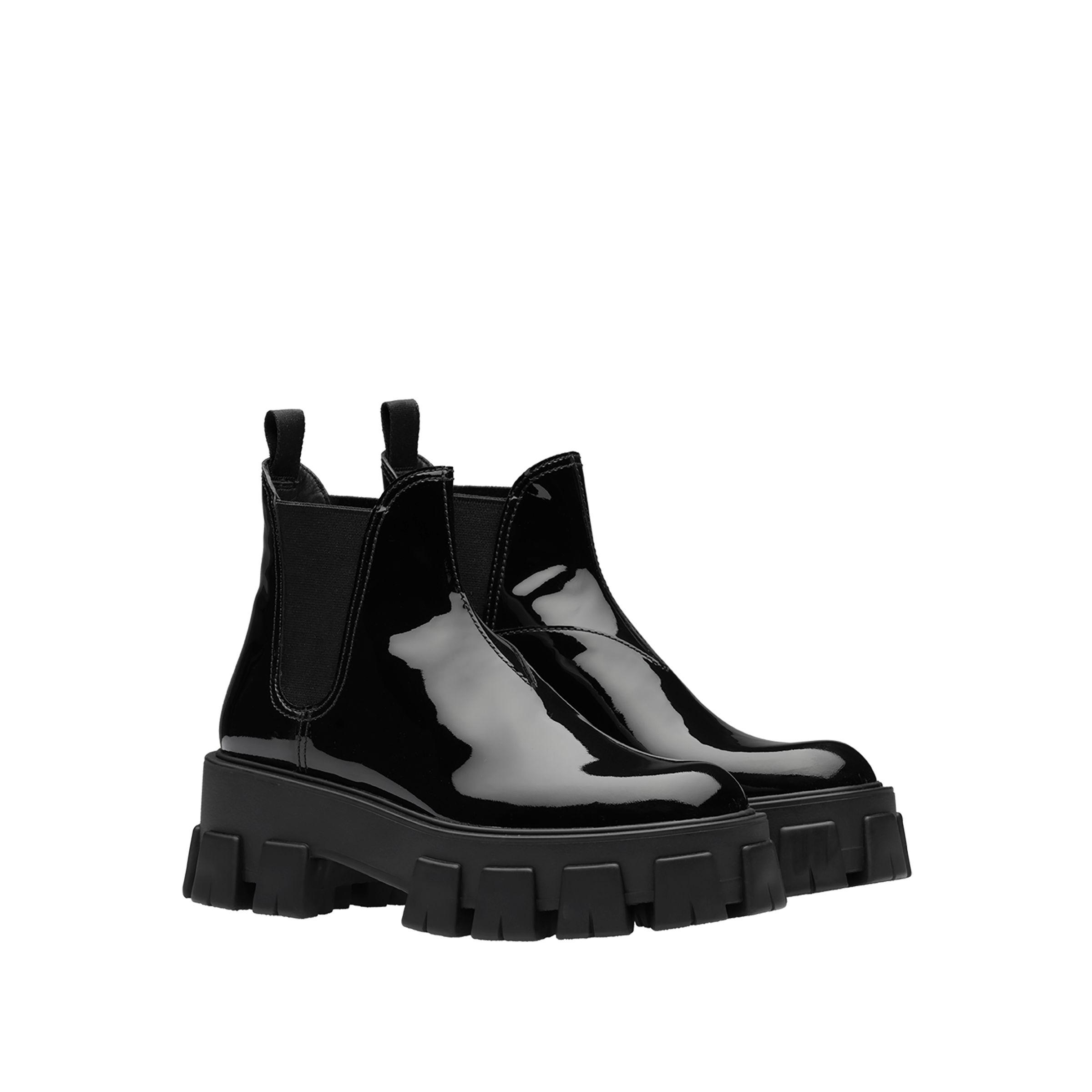 prada monolith patent leather pointed booties
