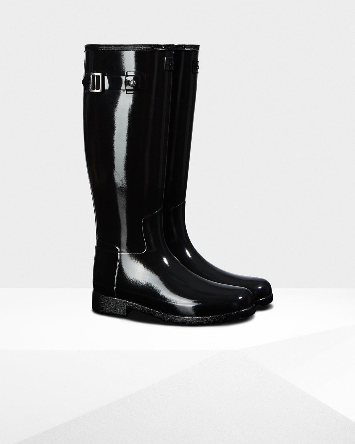 HUNTER Rubber Women's Original Refined Tall Gloss Rain Boots in Black ...