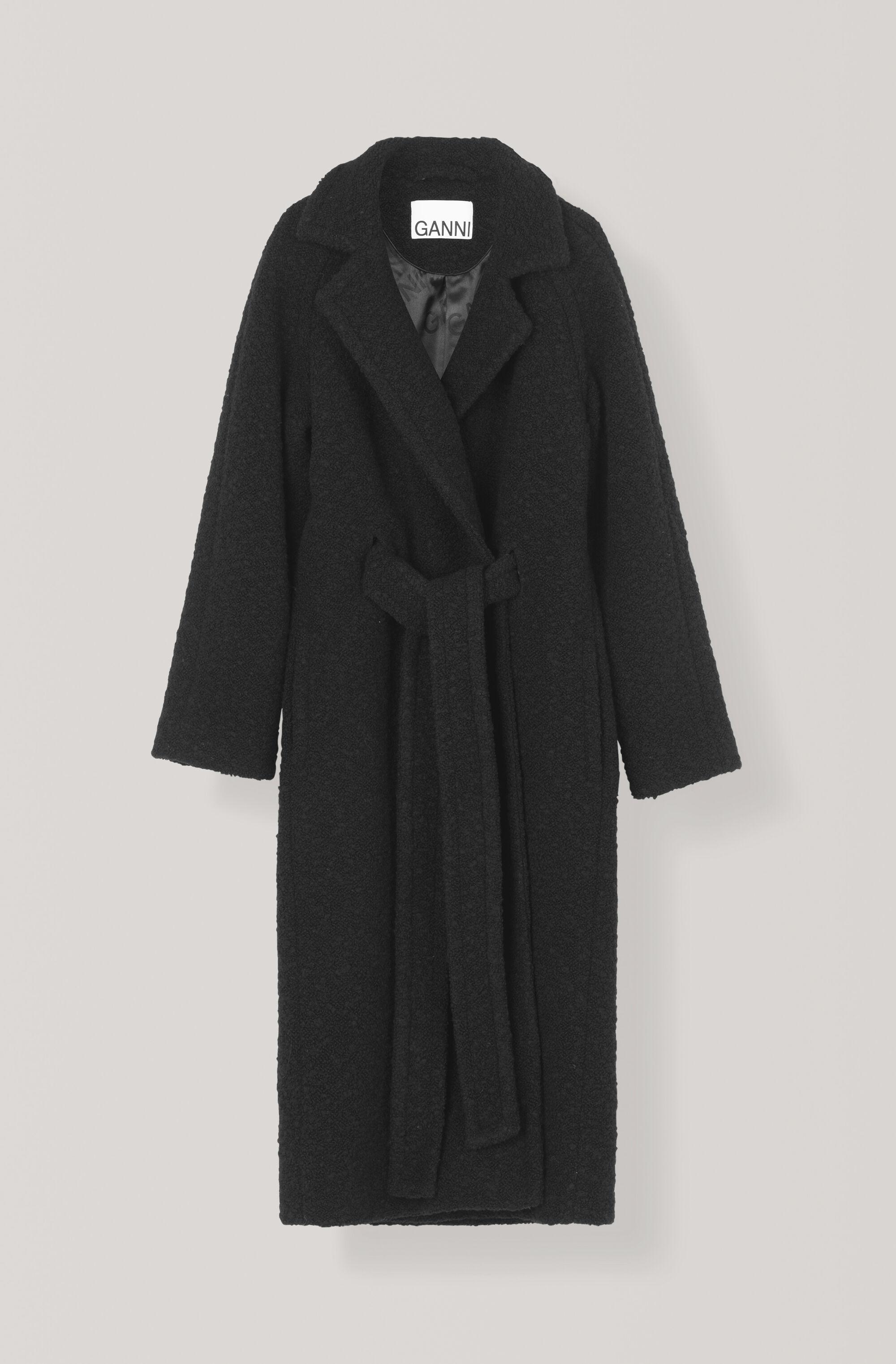 Ganni Boucle Wool Long Wrap Coat in Black - Lyst