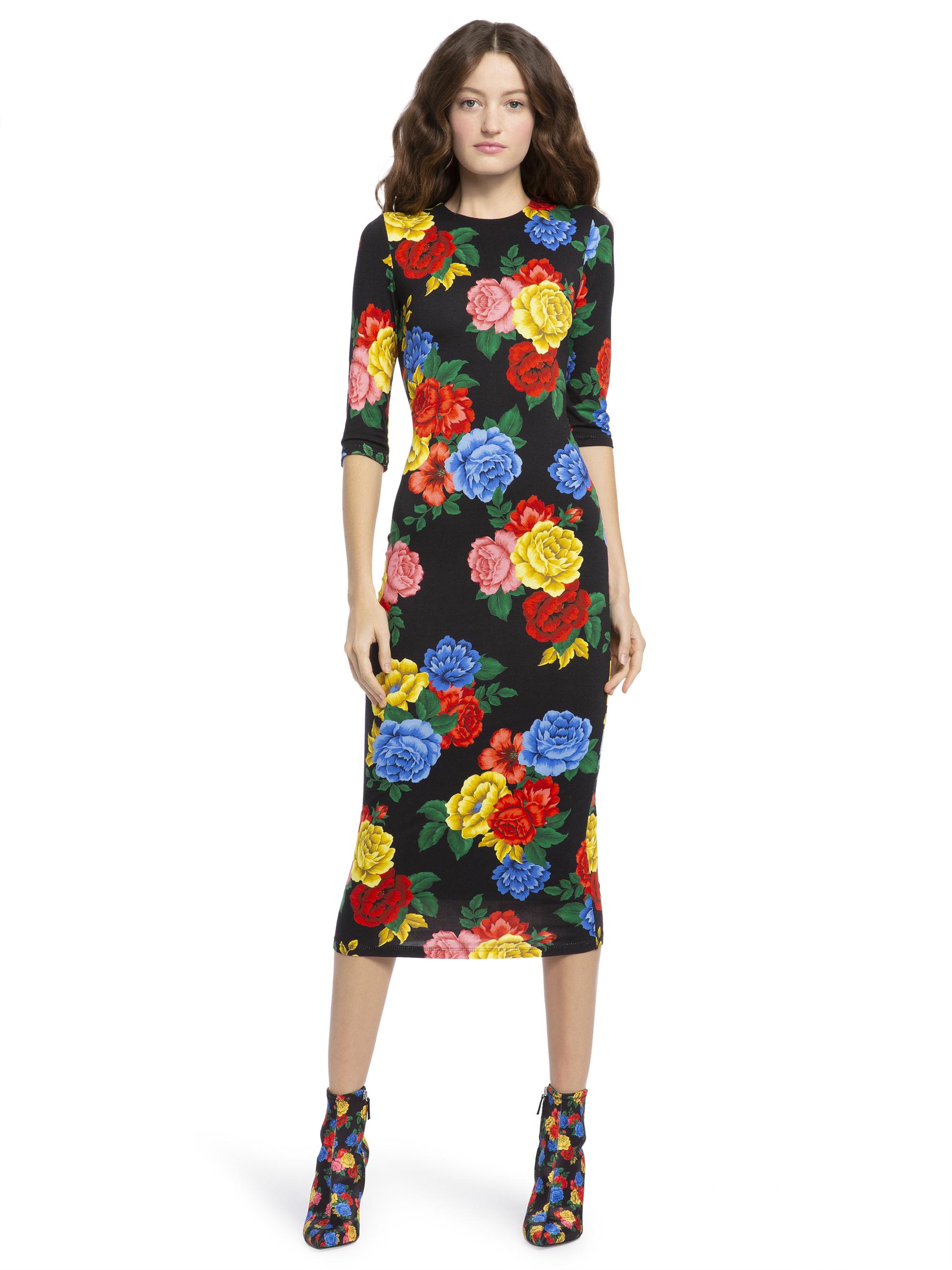 Alice + Olivia Synthetic Delora Fitted Floral Crewneck Dress in Black