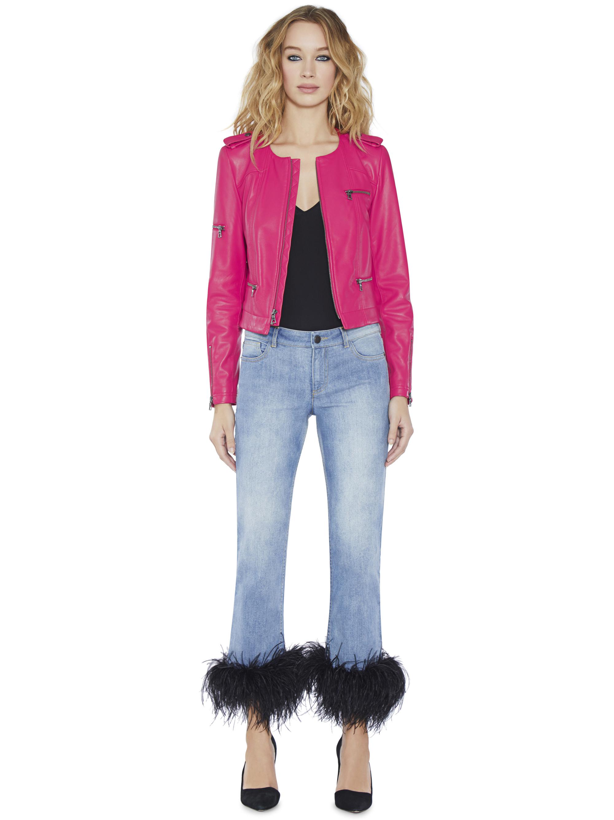 Women S Pink Cam Leather Exposed Zipper Biker Jacket