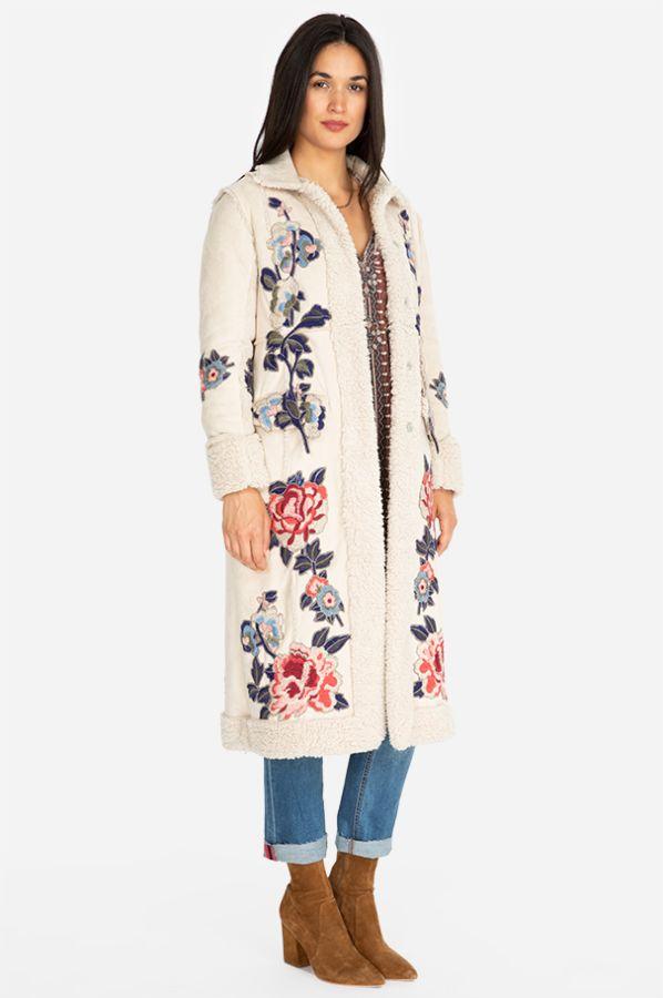 Johnny Was Denim Swergi Embroidered Sherpa Coat in Light Beige (Natural