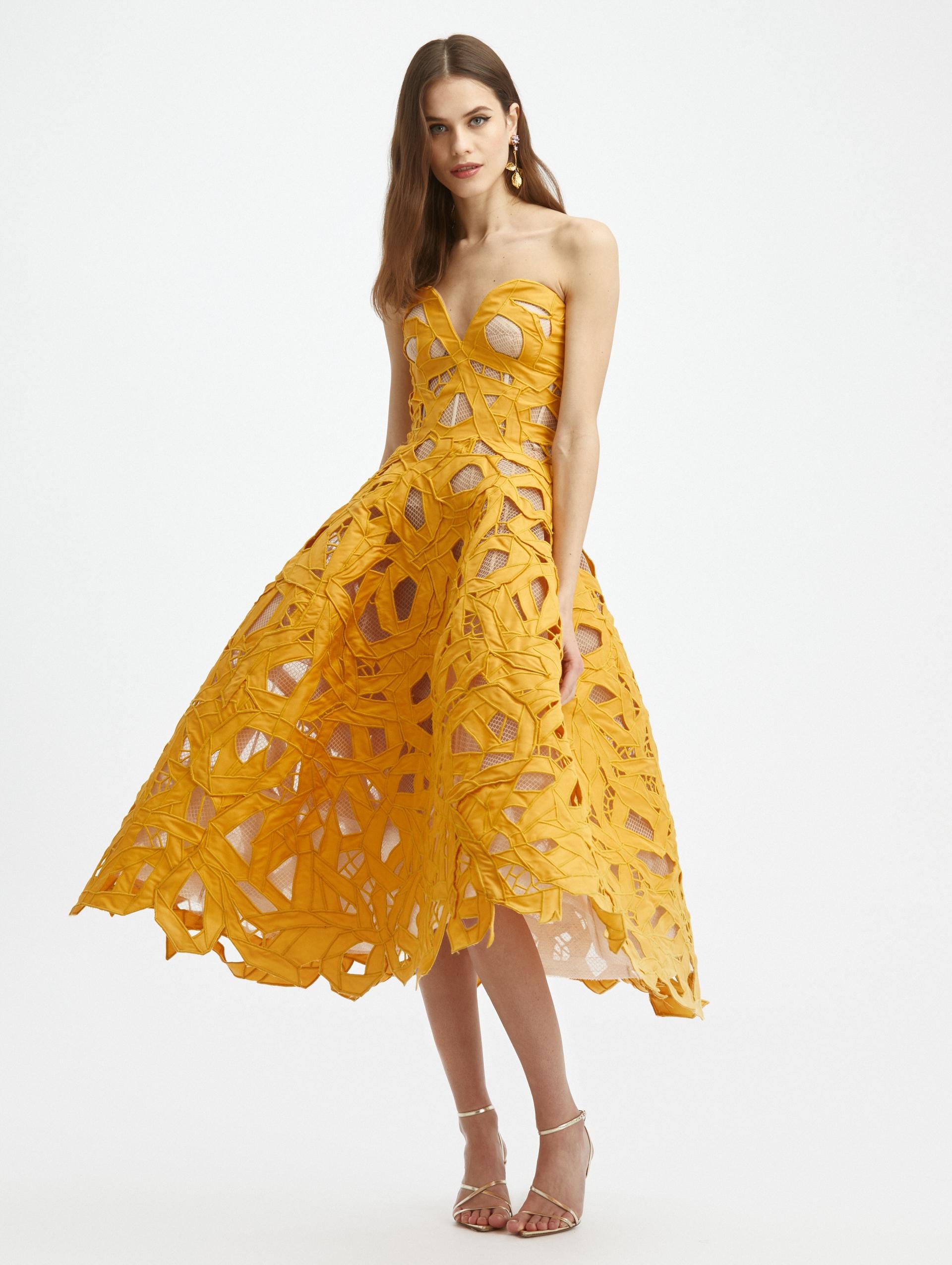 Oscar de la Renta Cutout Bow Faille Cocktail Dress in Yellow | Lyst