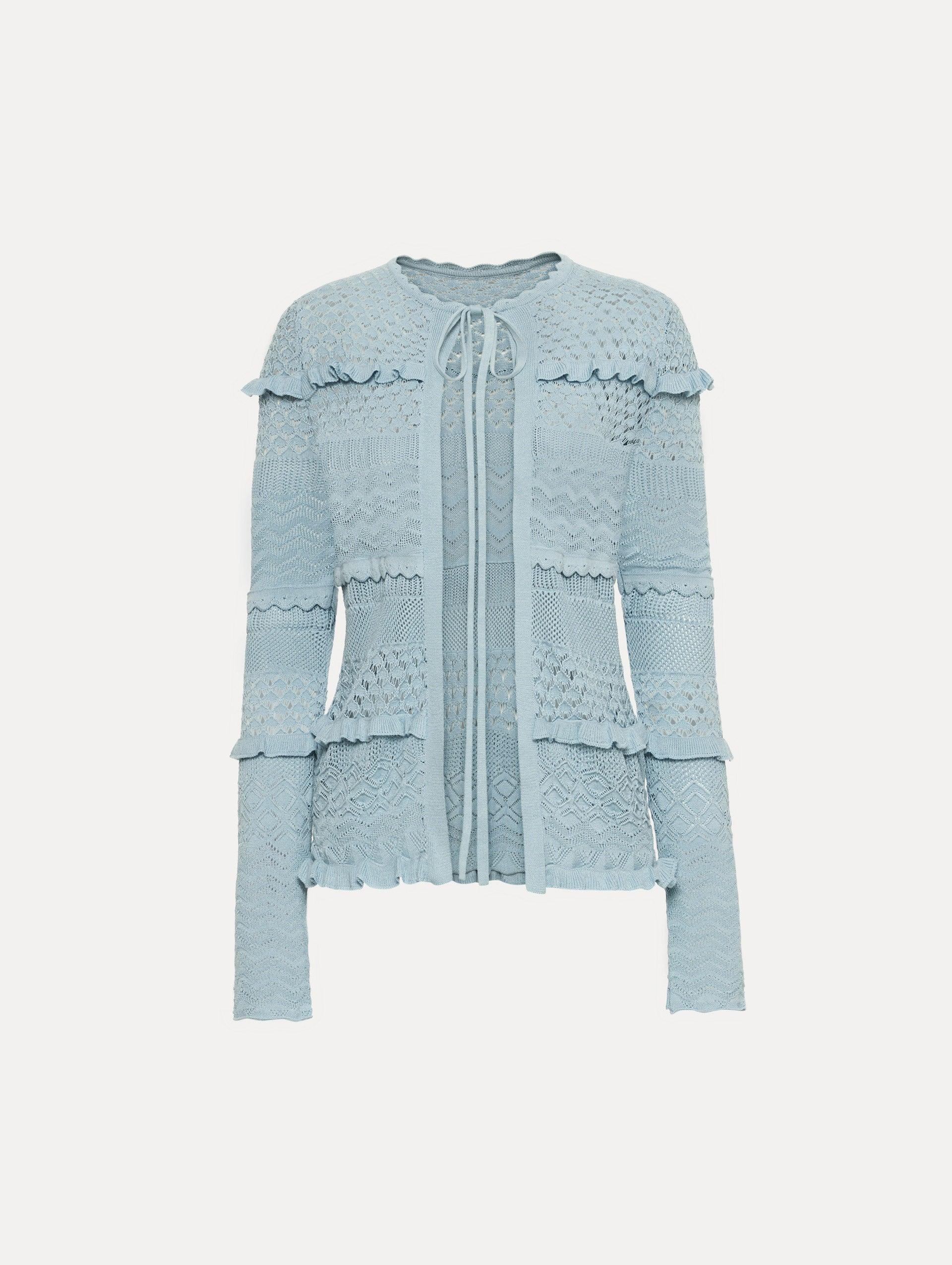Cardigan Oscar De La Renta Laine Bleu Brodé Fleurs - Taille L, Neuf Sans étiquettes