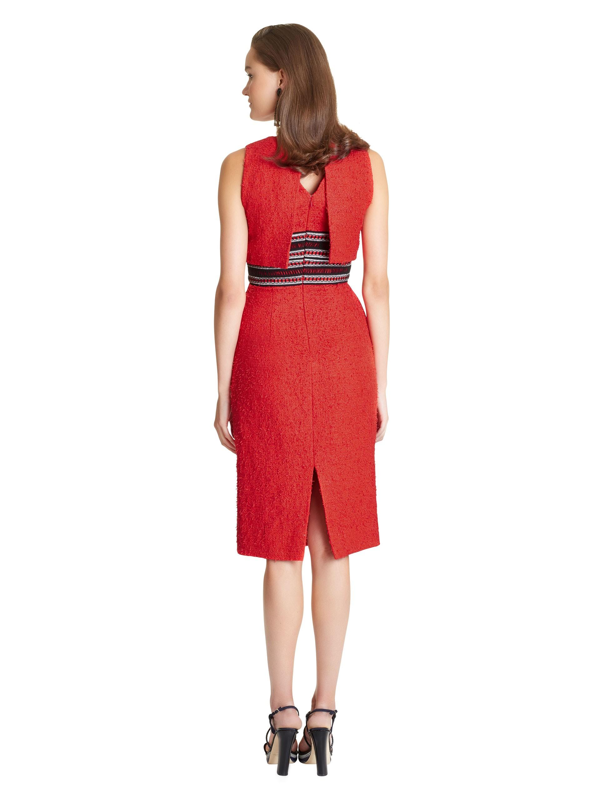 j mendel dress rent de Pencil Oscar Tweed Bouclé la Macramé renta trimmed