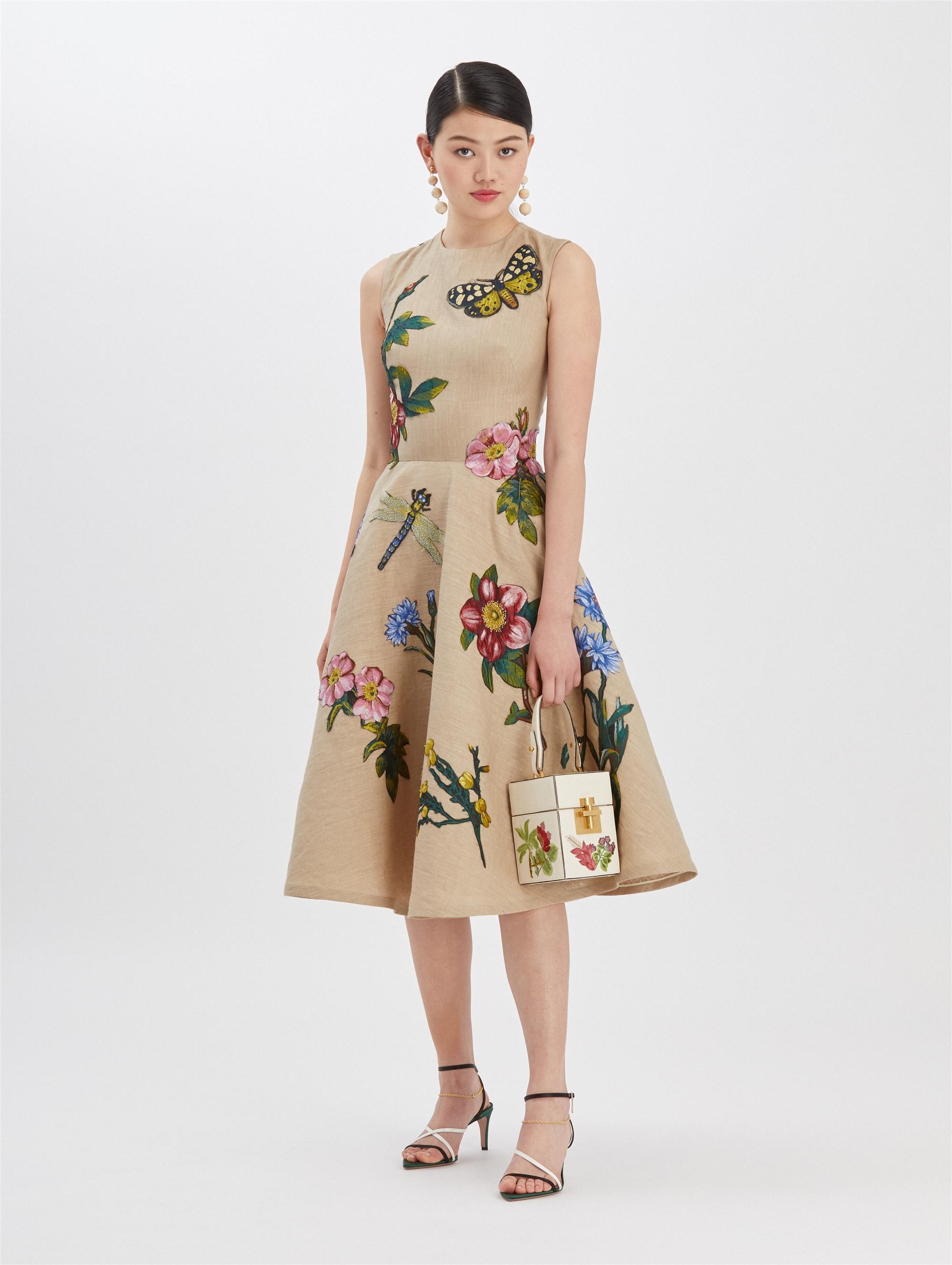 Oscar de la Renta Linen Midi Dress With Floral Applique in Natural | Lyst