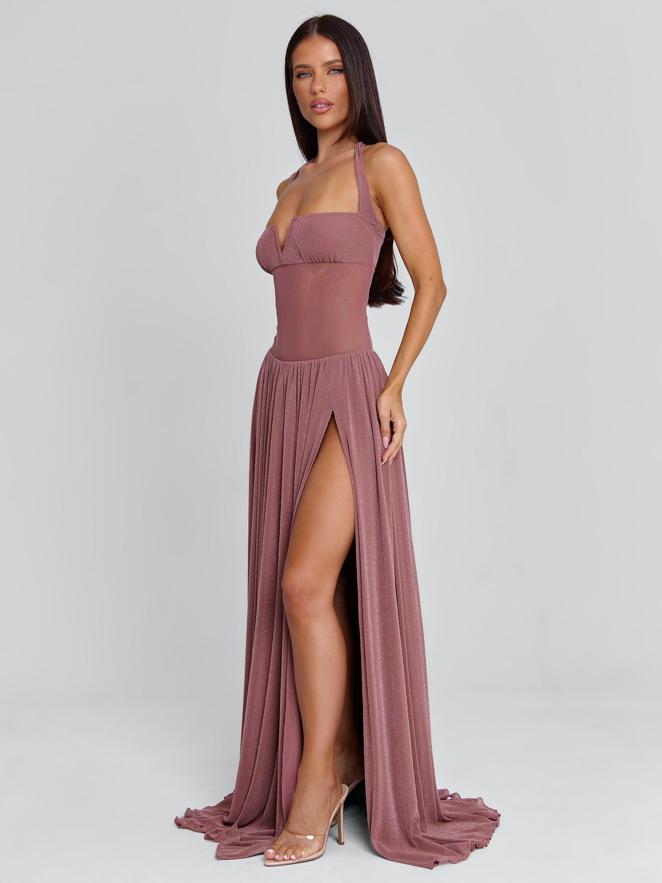 outcast purple dress Ailiani Maxi lace and plisse fabrication Outcast Dee Maxi Dress Mauve